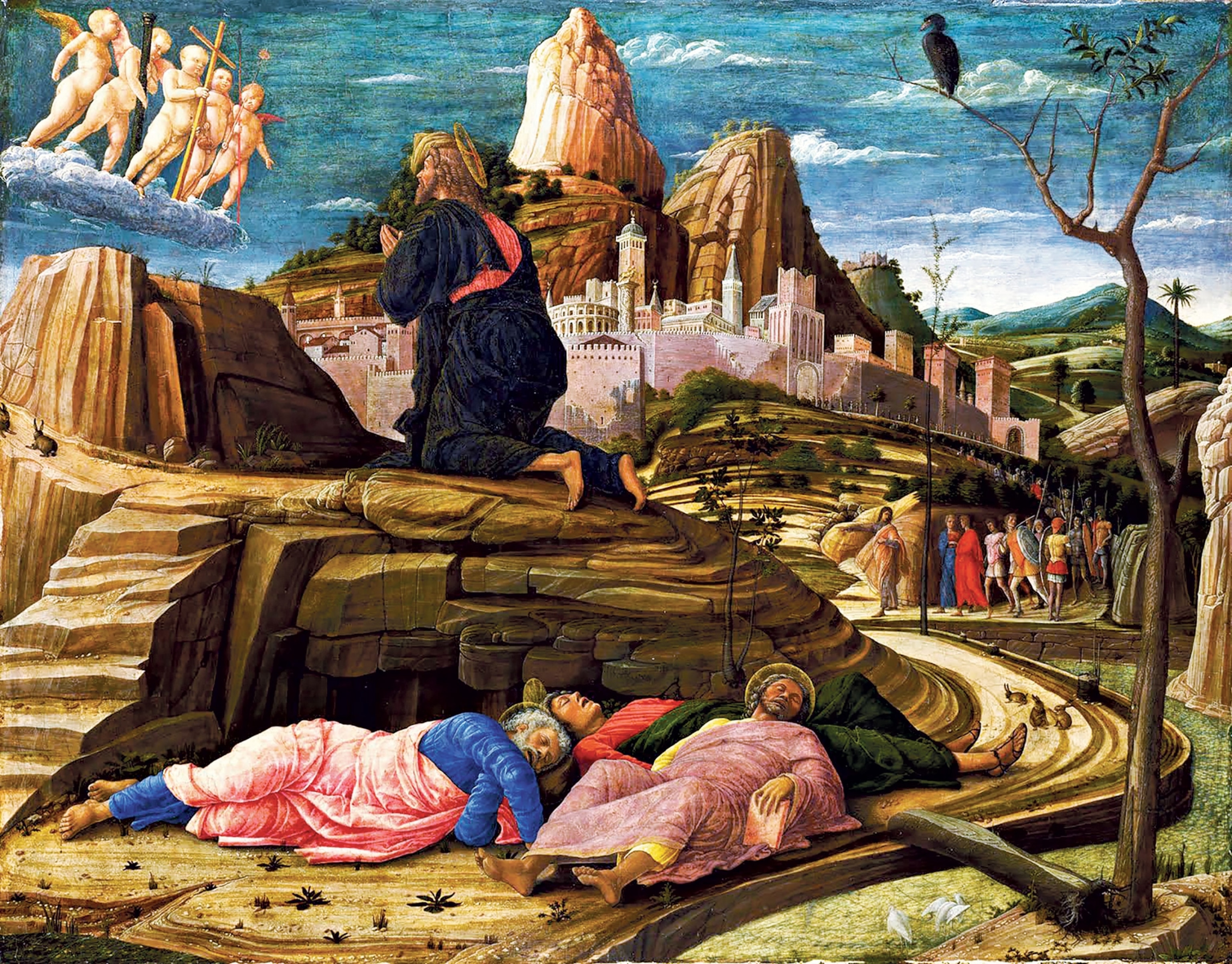 “The Agony in the Garden” by Renaissance artist Andrea Mantegna (ca 1431–1506), painted around 1460, shows Jesus at prayer while three Apostles sleep and the Romans approach.