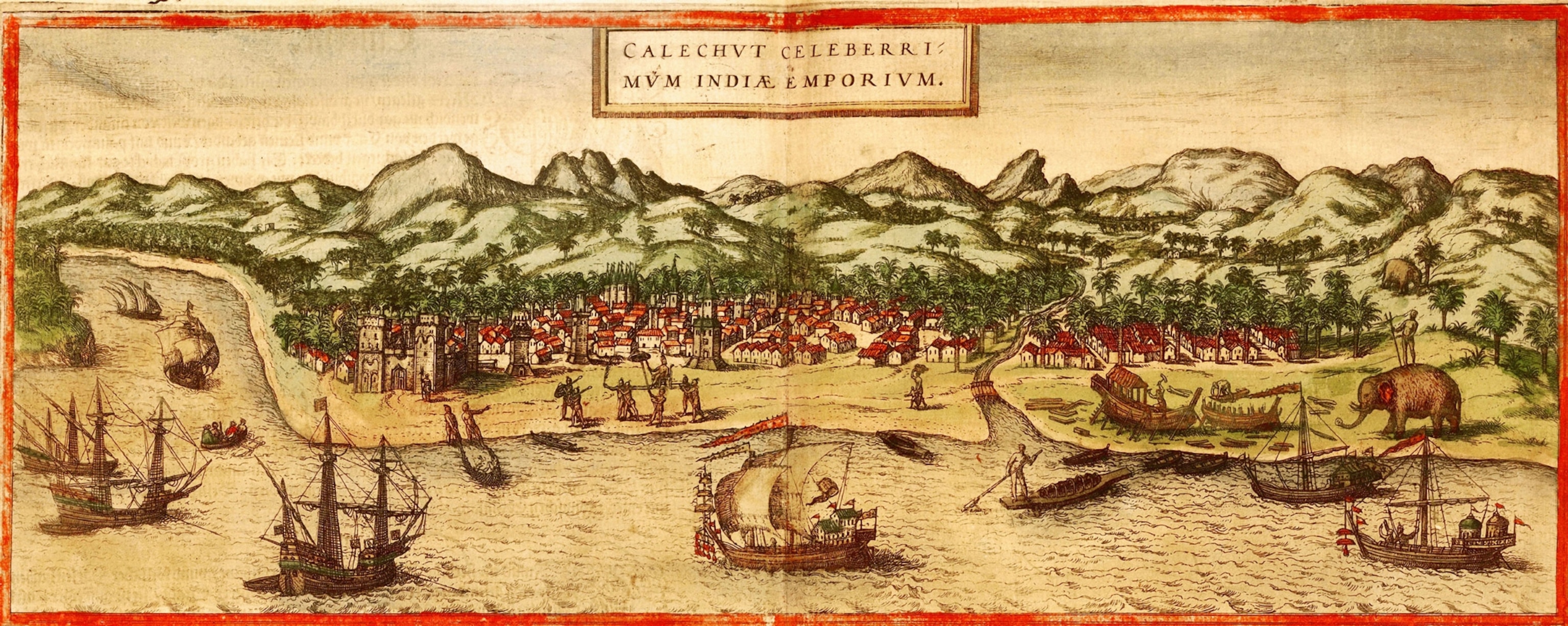 Image of old map with bay, ships and mountains in distance