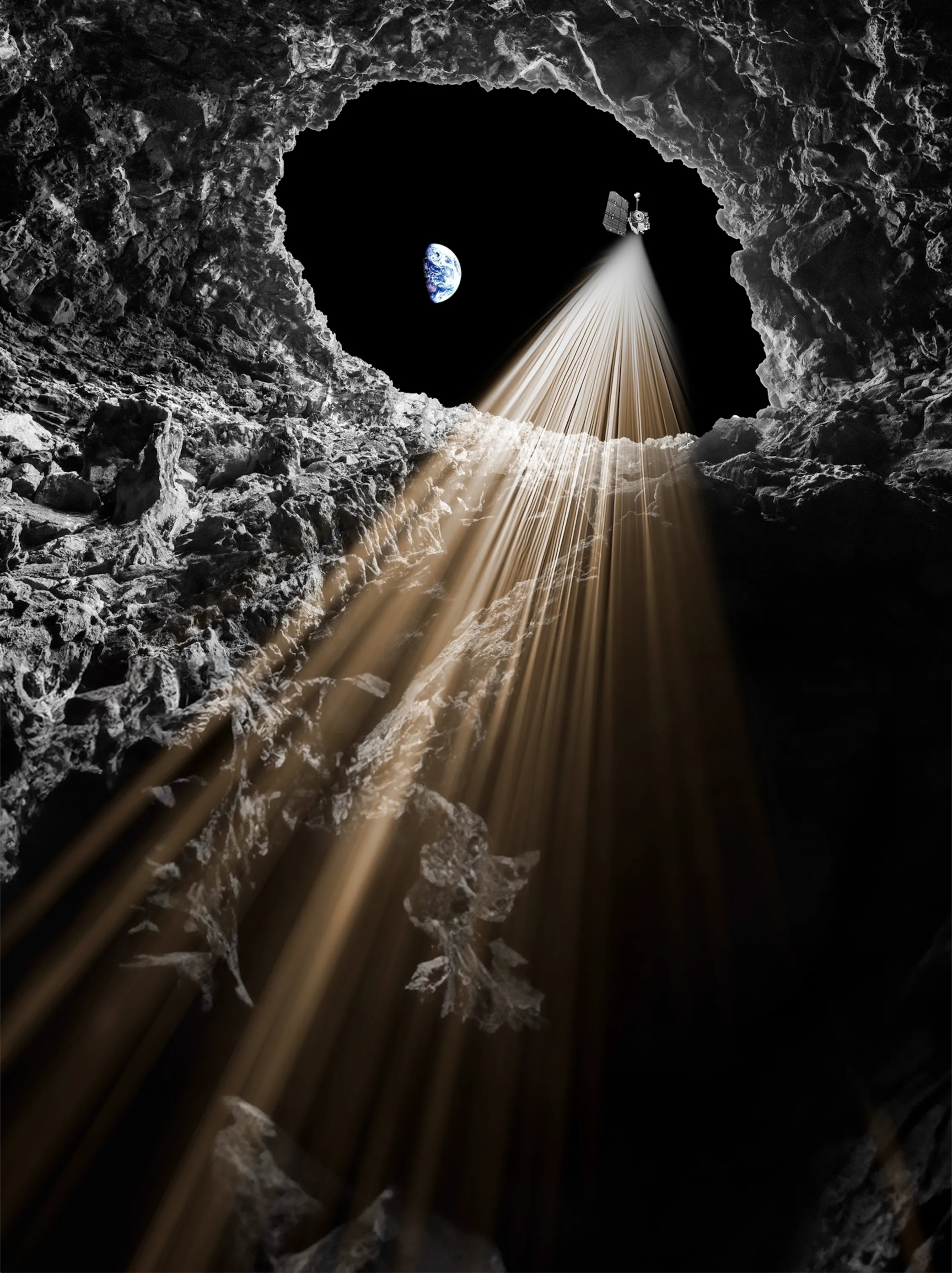 Illustration depicting the Lunar Reconnaissance Orbiter (LRO) and Earth in space, seen through the skylight of a lunar lava tube.