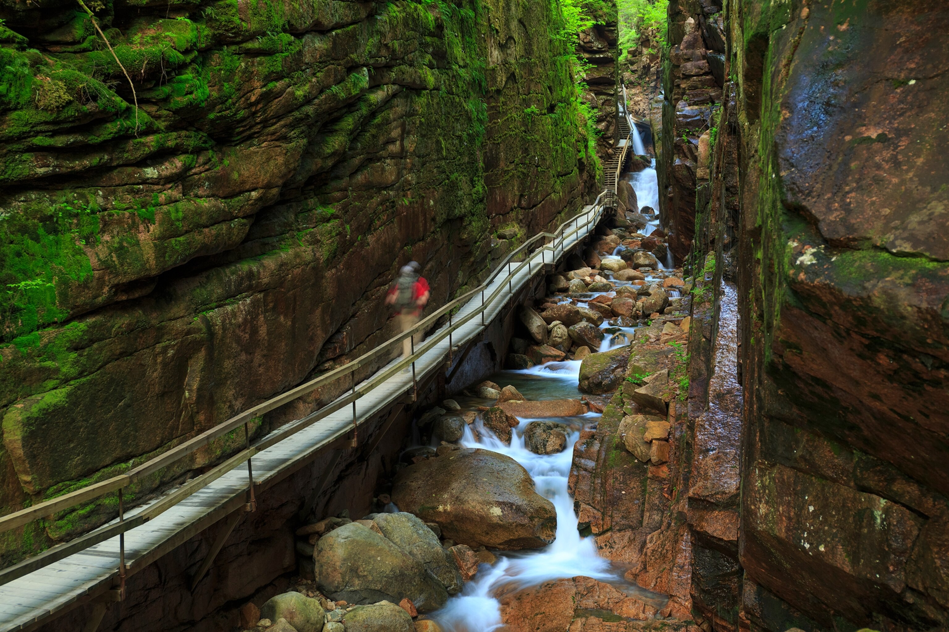 a hiker at the Flume Gorge, New Hampshire