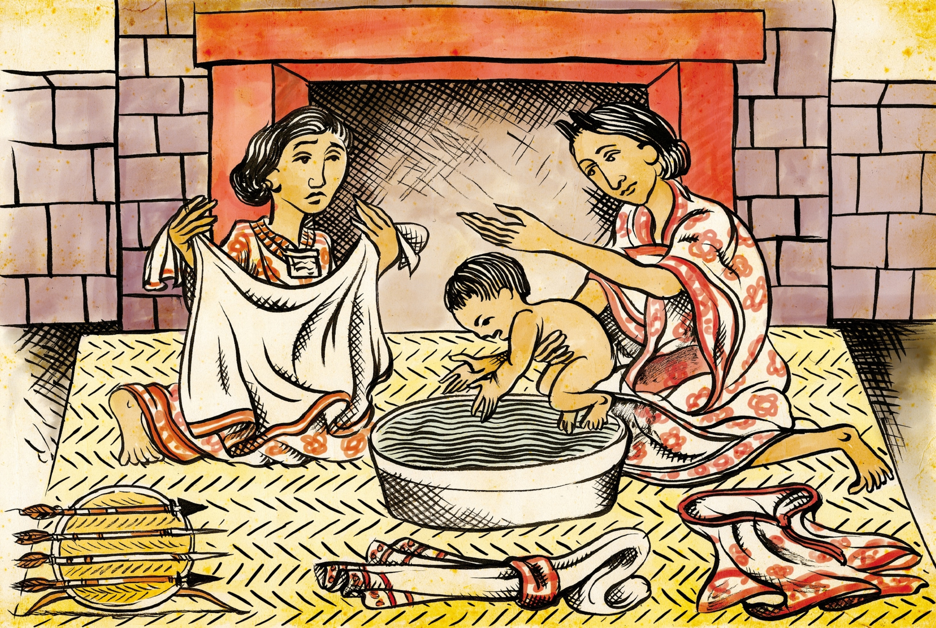 a tlamatlquiticitl, an Aztec midwife, washing a newborn in cold water