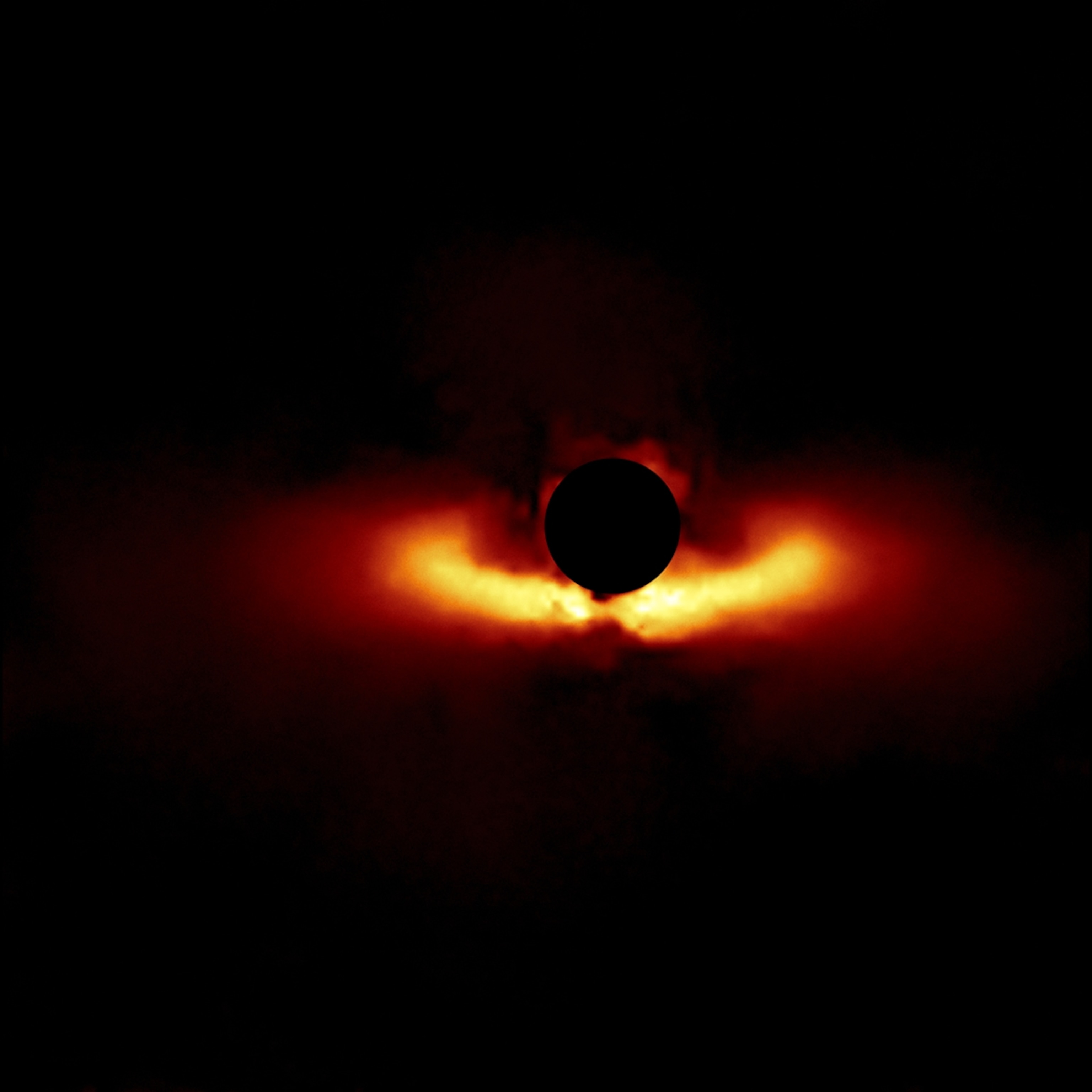 Picture of horizontal fire donut with black globe inside.