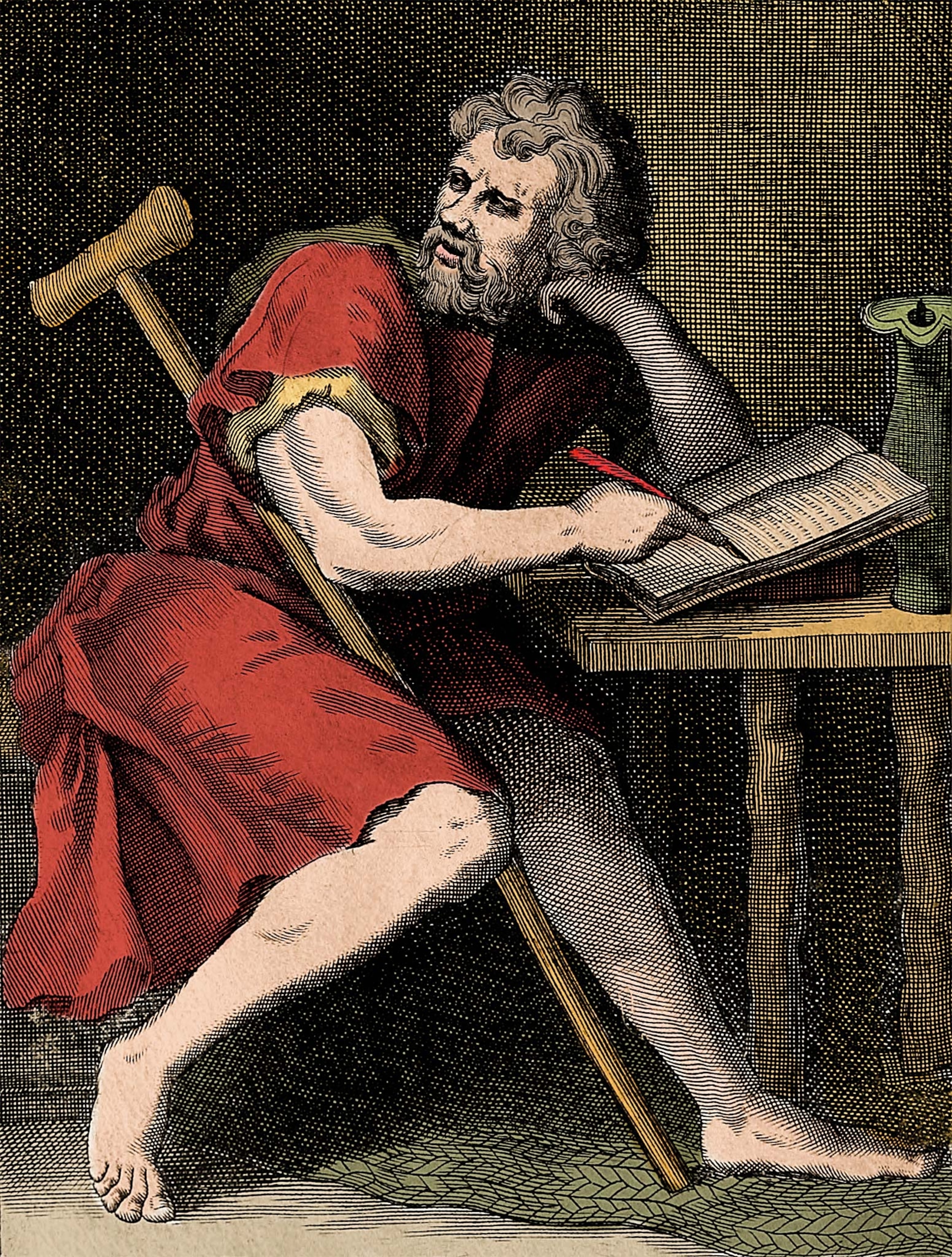 An illustration of a man in red holding a cane and writing in a journal