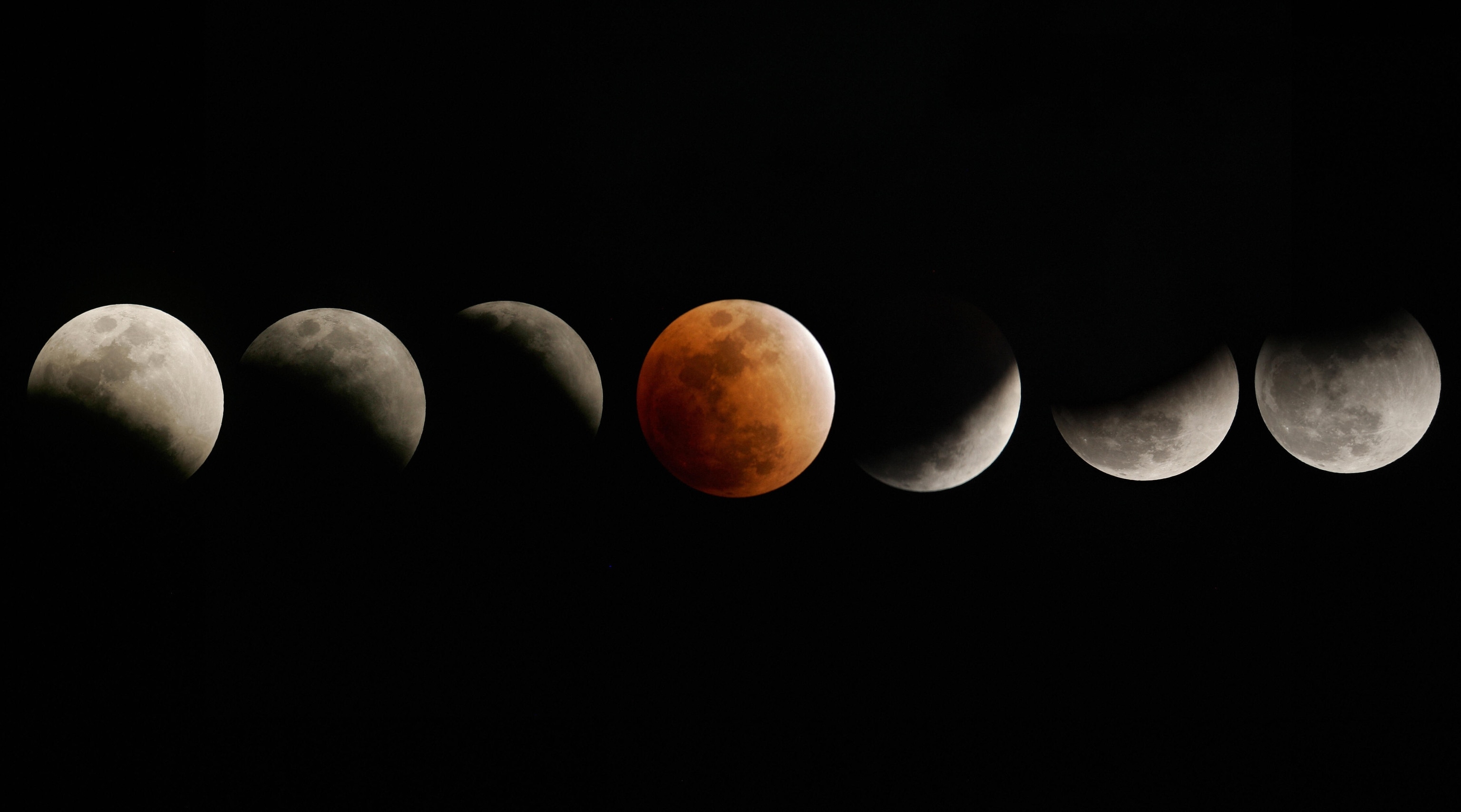Picture of the moon as seen at various points during a lunar eclipse.