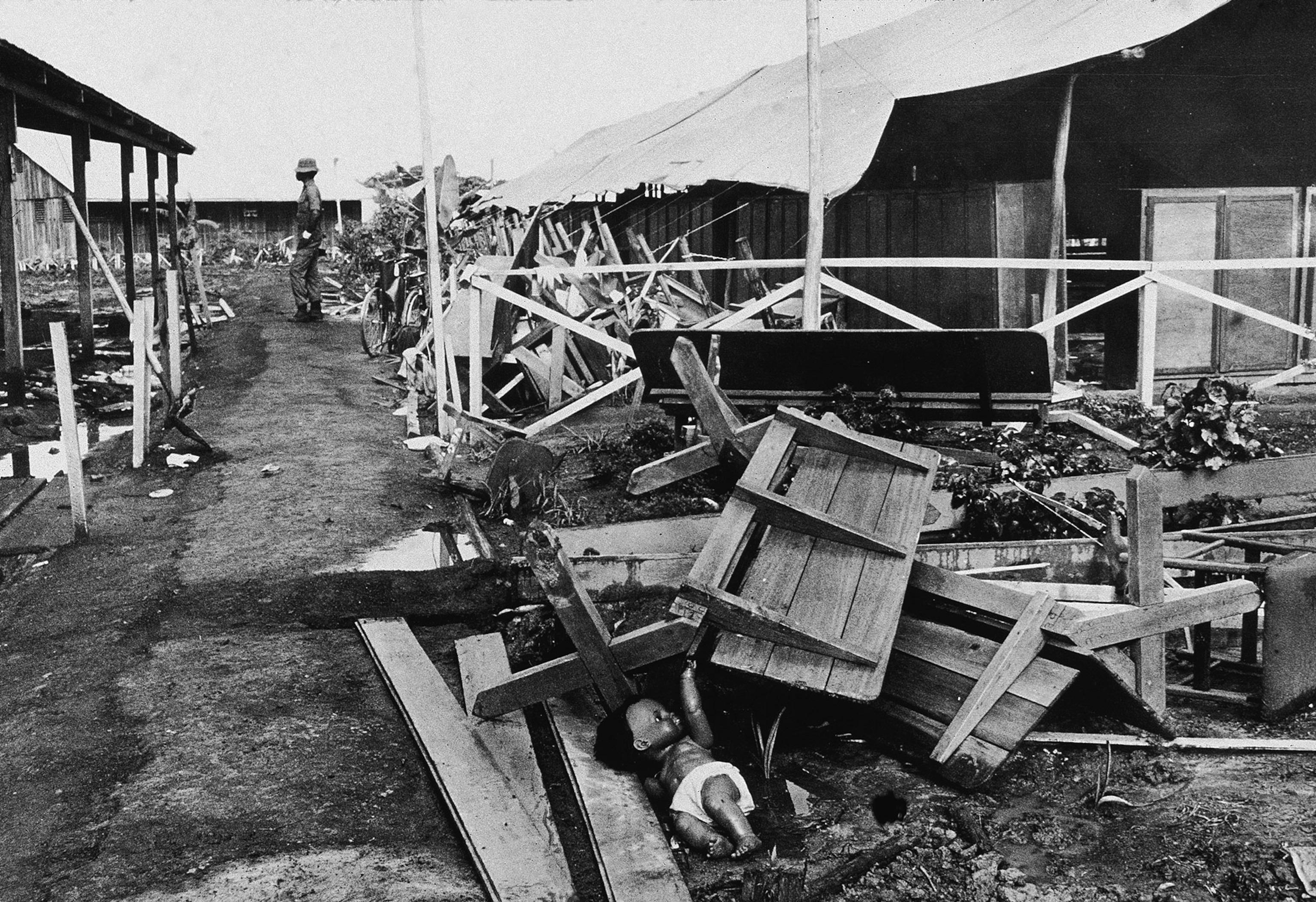 View of the partially collapsed main pavillion in the Jonestown compound