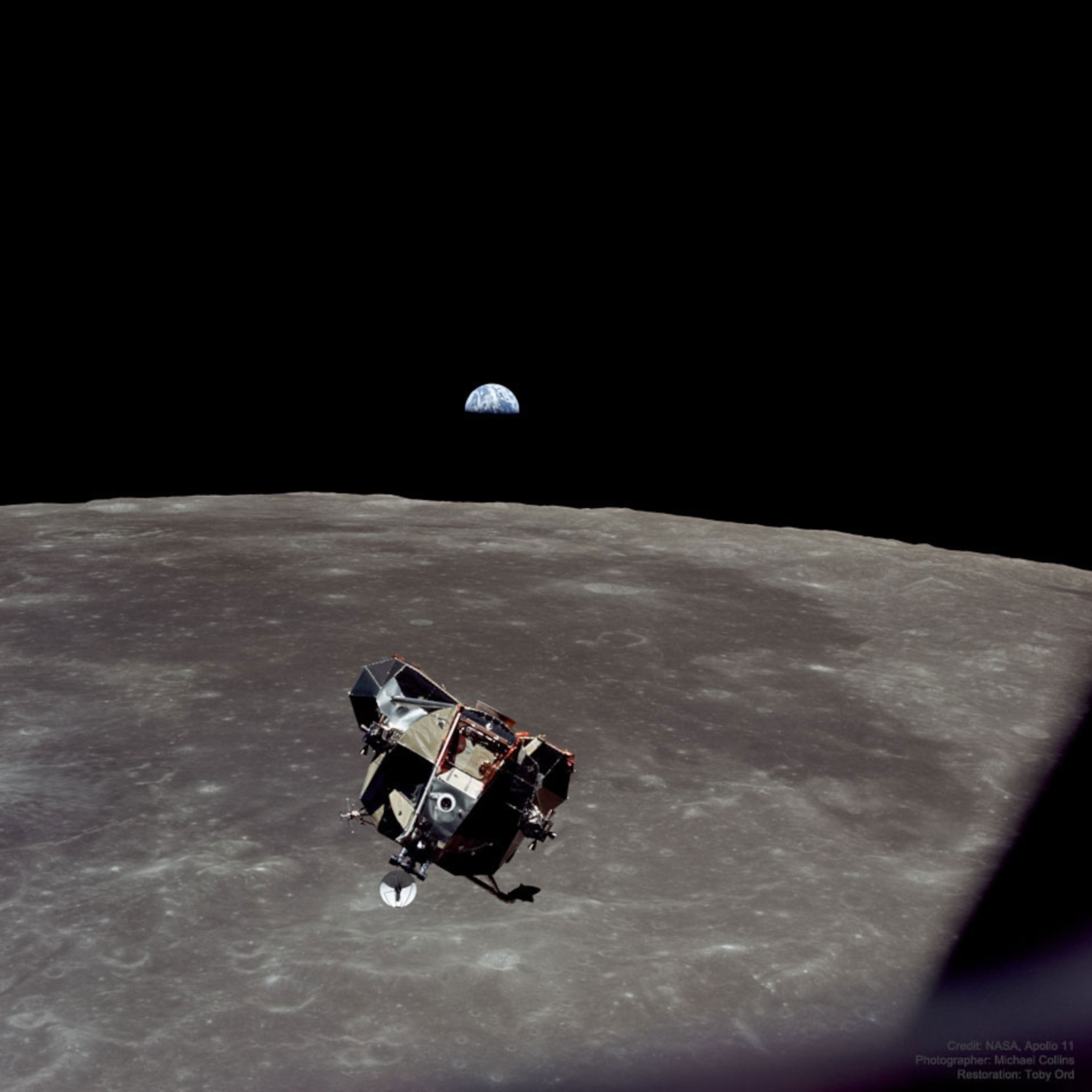 Apollo 11 return home above the moon with the Earth in the background.