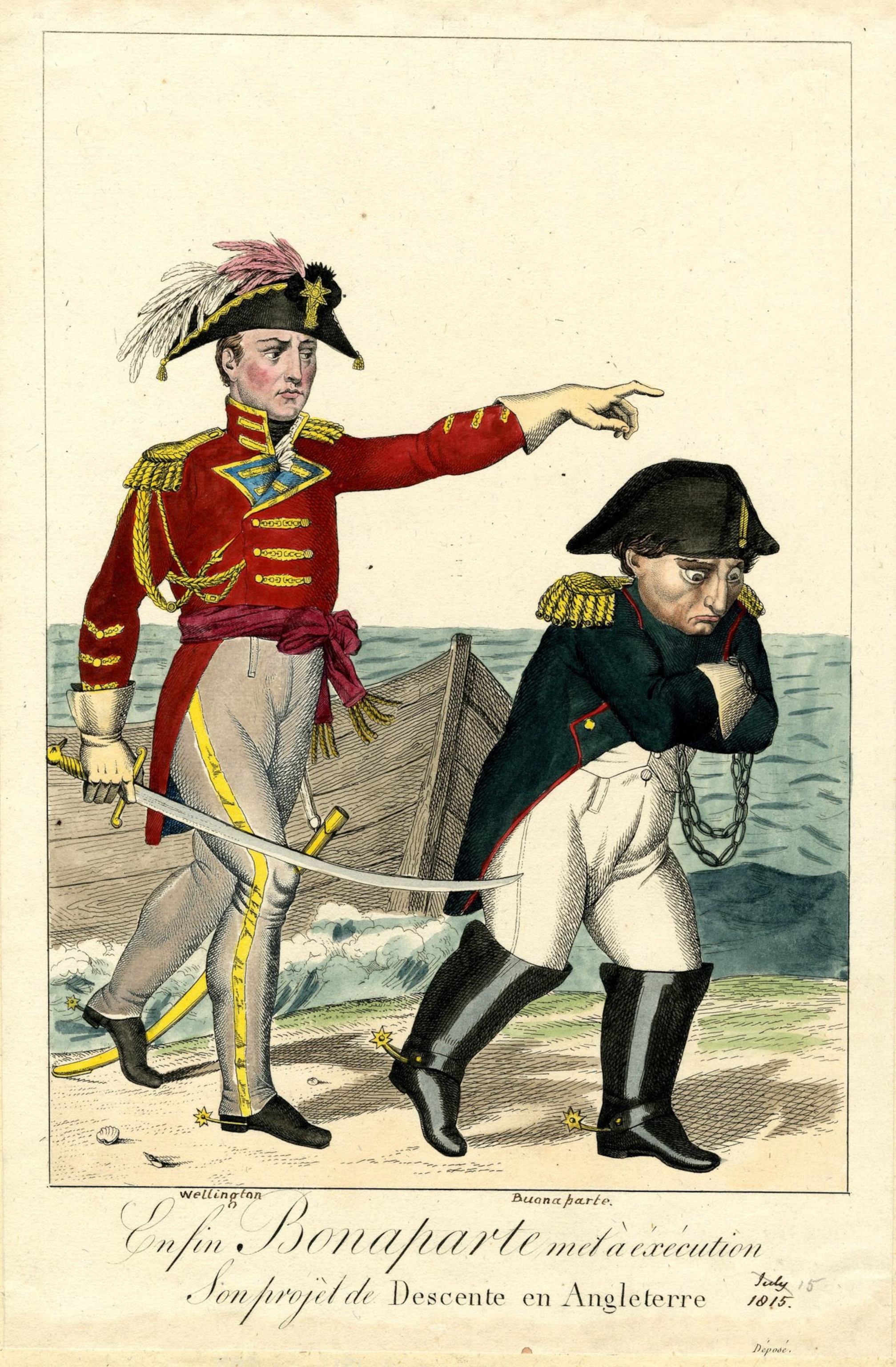 A man in red with a hat with feathers points as napoleon in a deep navy pouts.