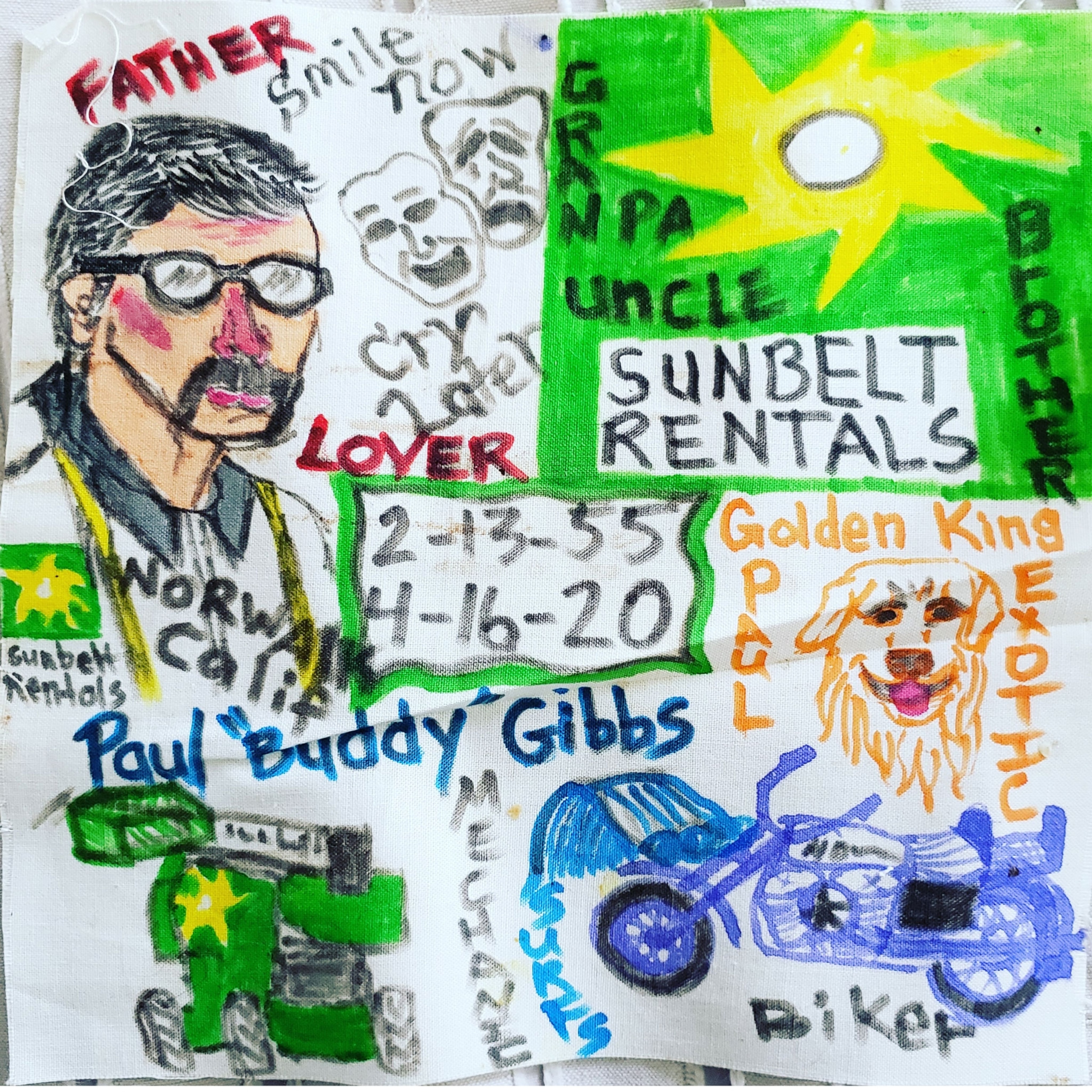 A quilt square with drawing all over it