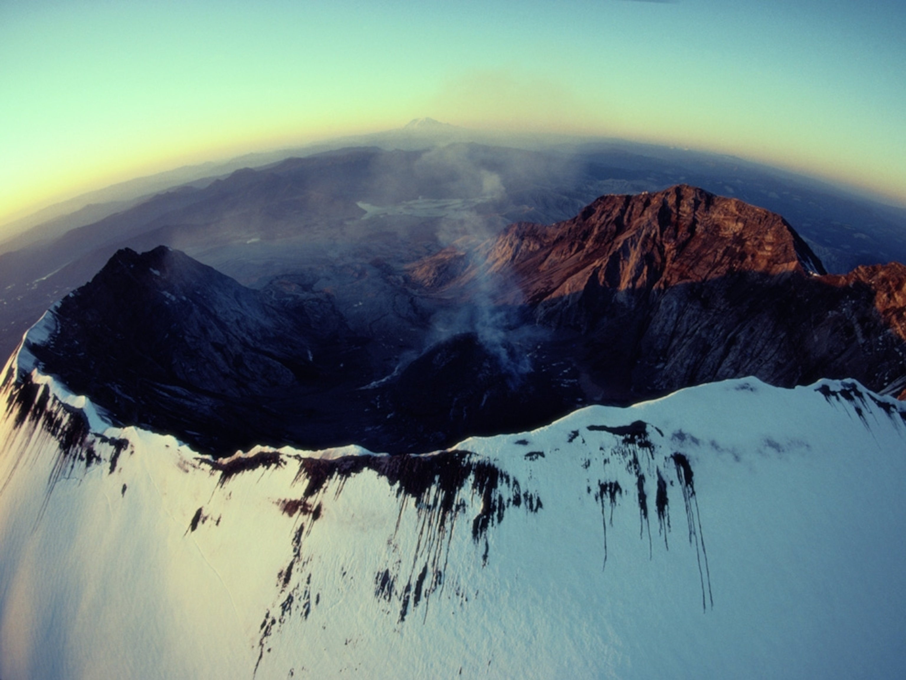 Aerial view of a crater after eruption