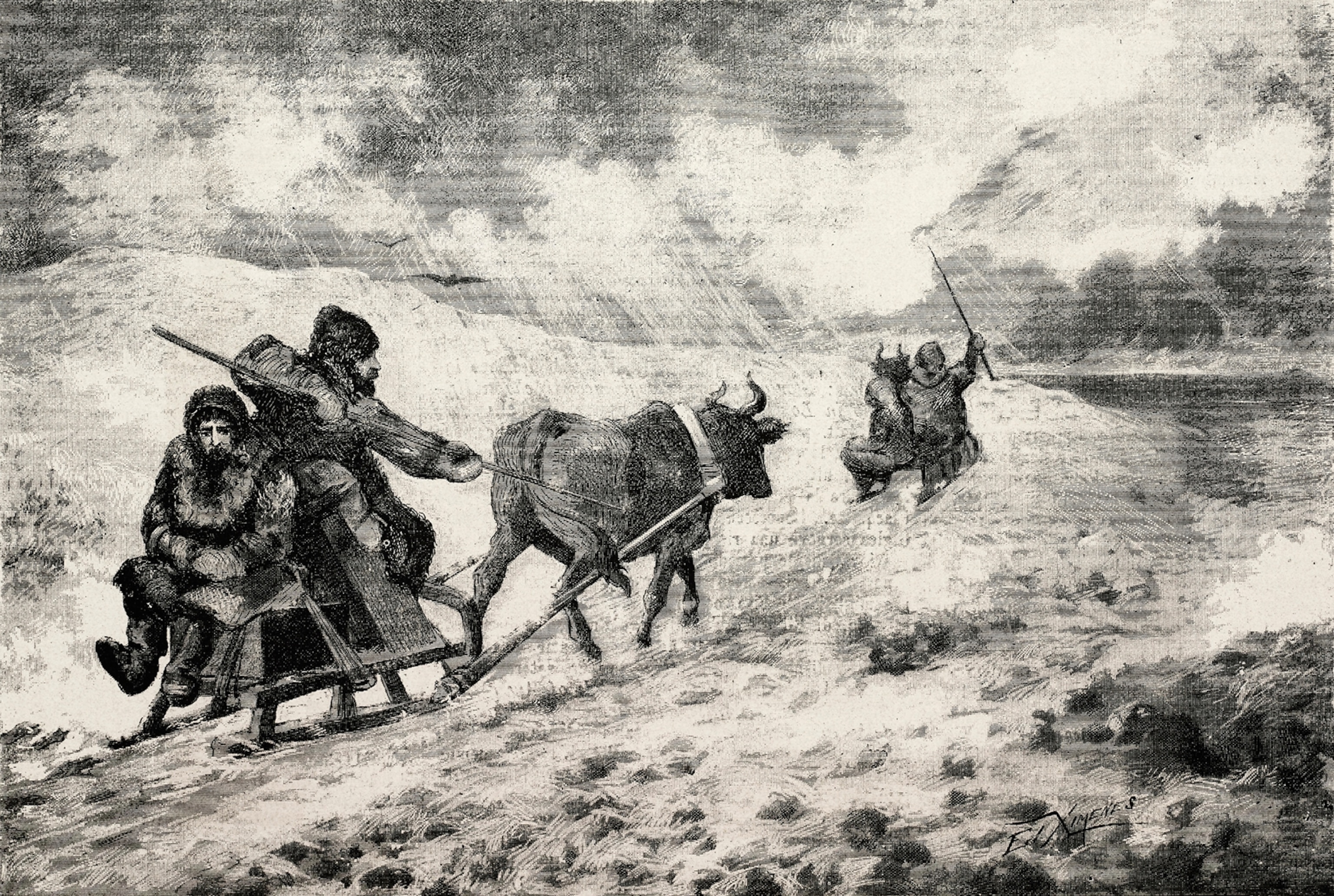 engraving of men being led by ox in snow