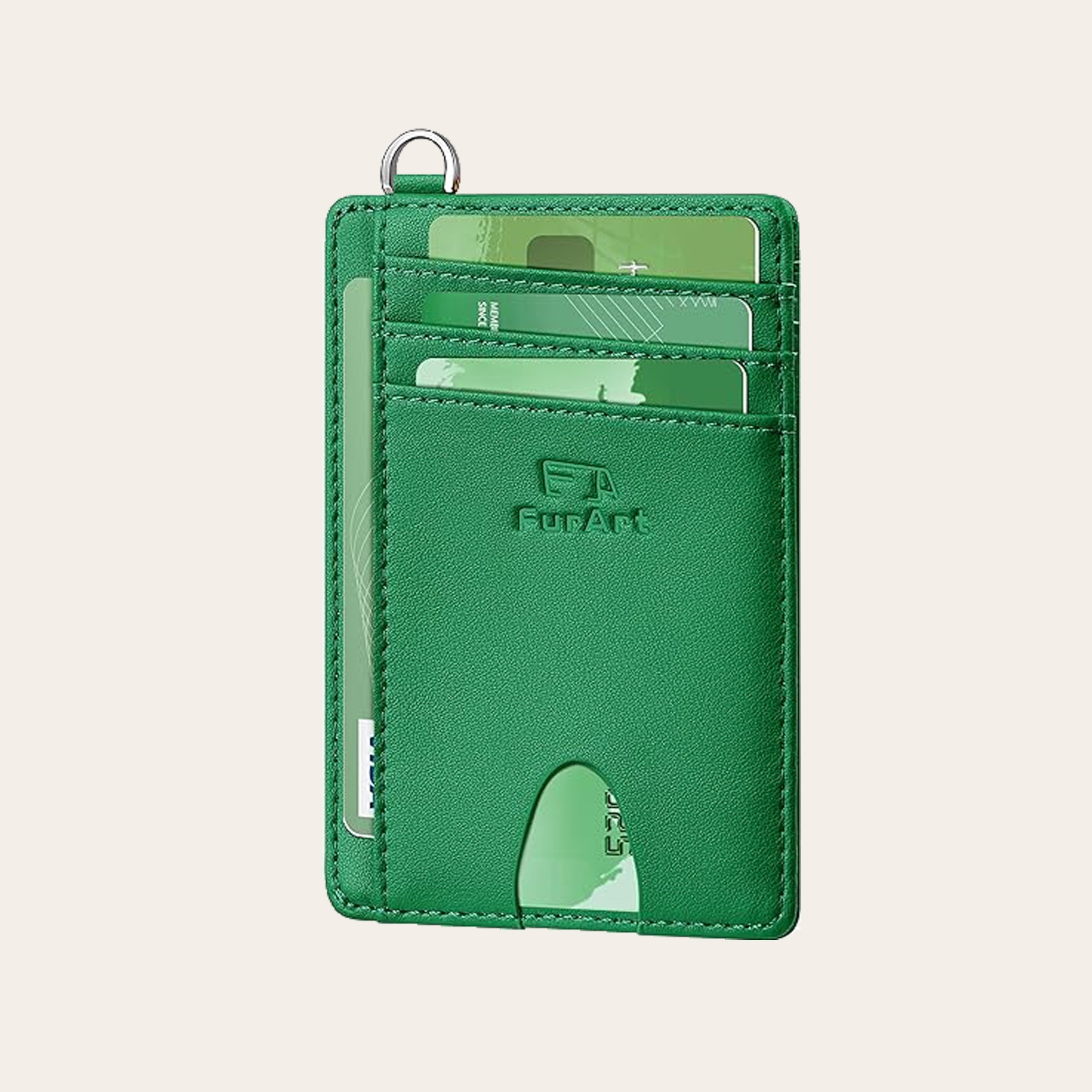 A green wallet on a cream background