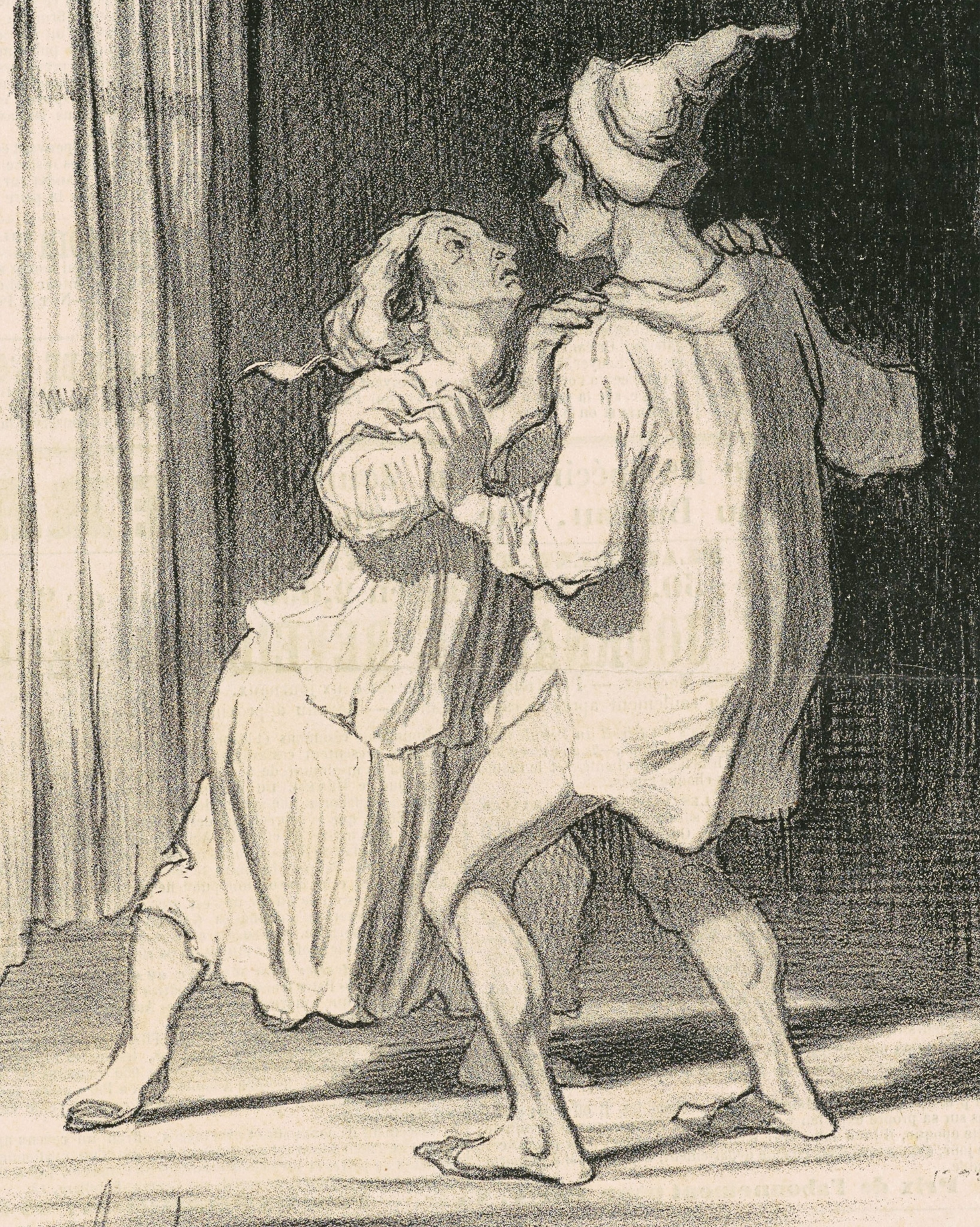 A couple in nightgowns stand together in a drawn caricature