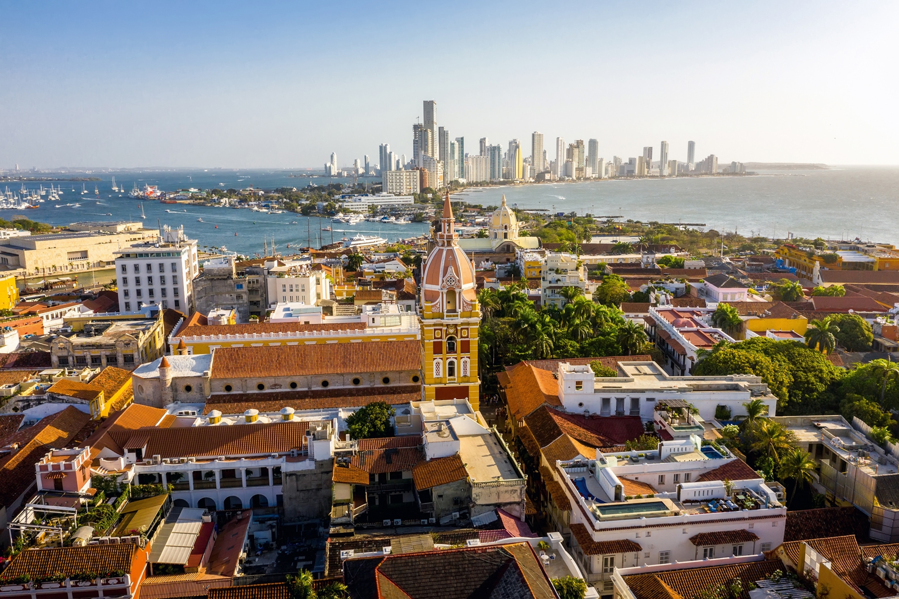 Aerial view of the historic city centre of Cartagena, Colombia.