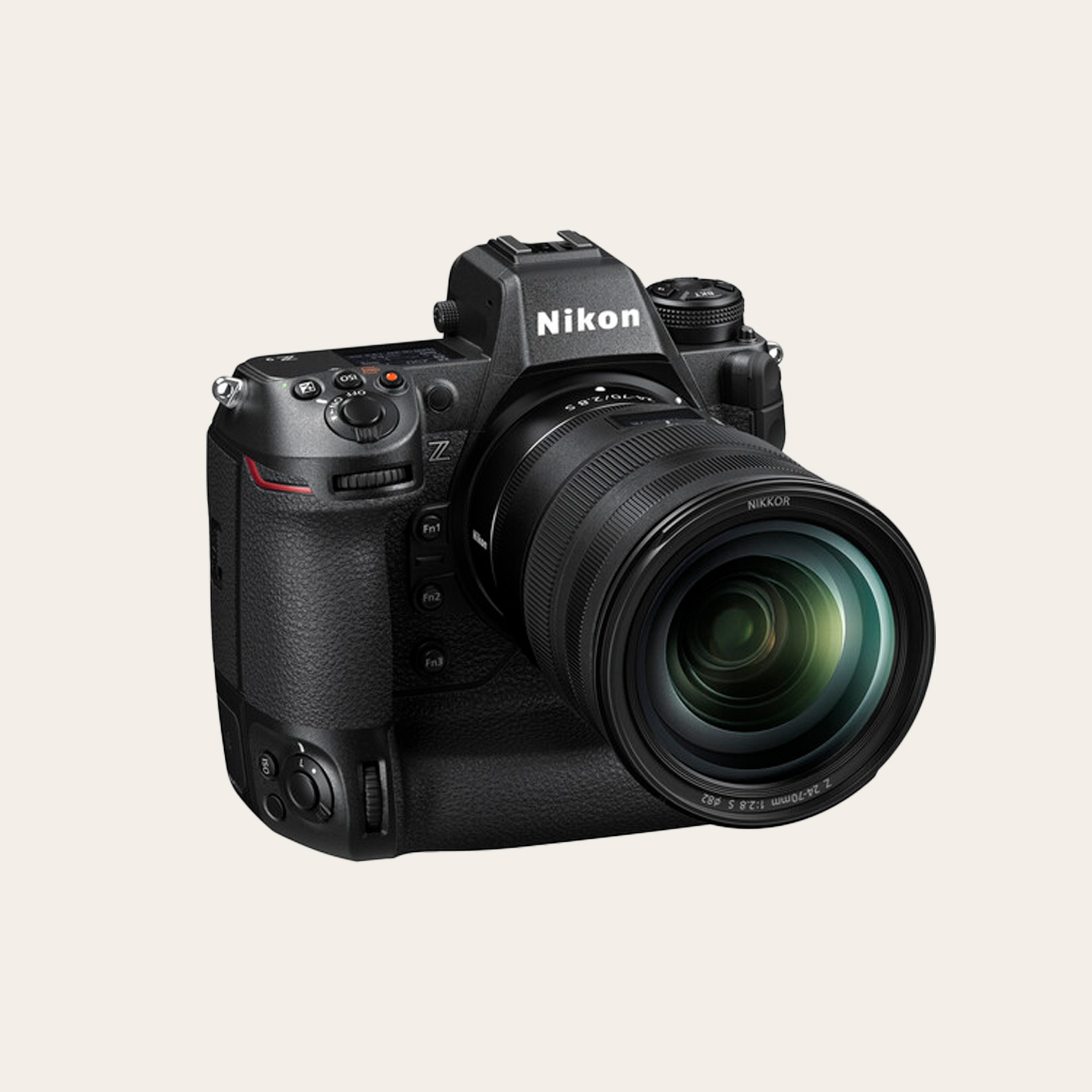 A large black camera body on a cream background.