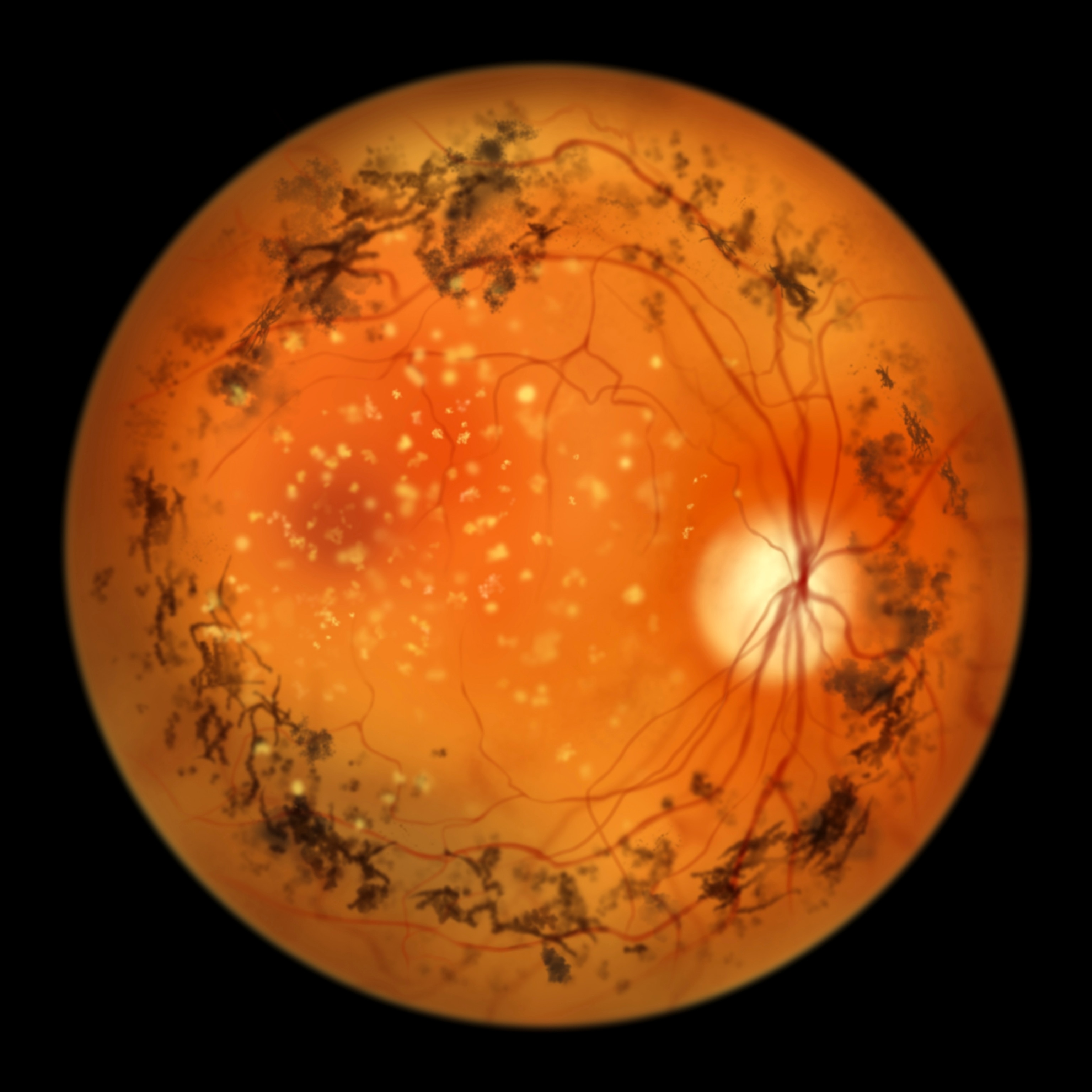 An orange circle representing a scan of a retina of a human eye affected by retinitis pigmentosa.