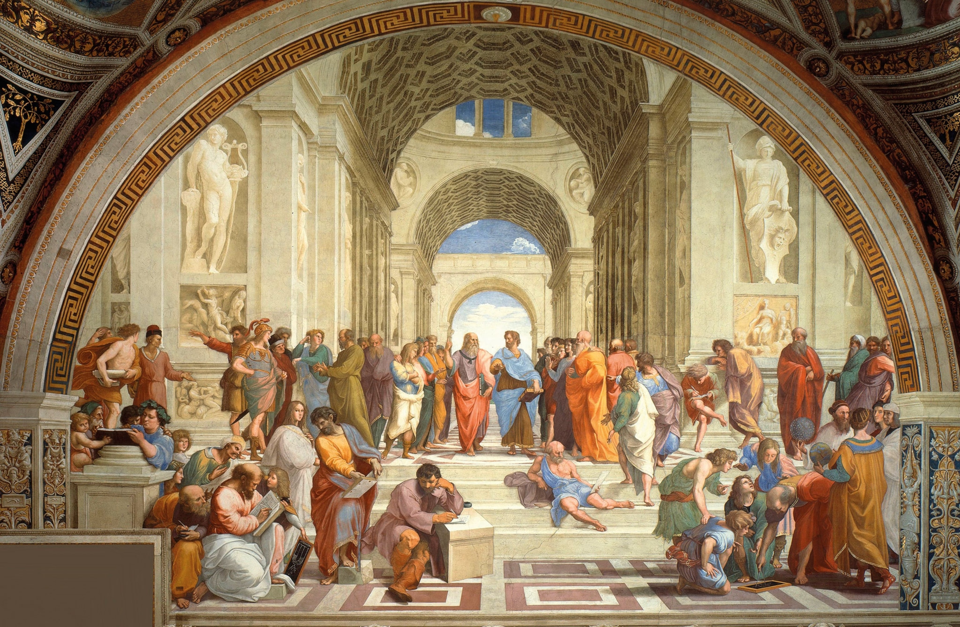 A painting of a large room of classical male intellectuals