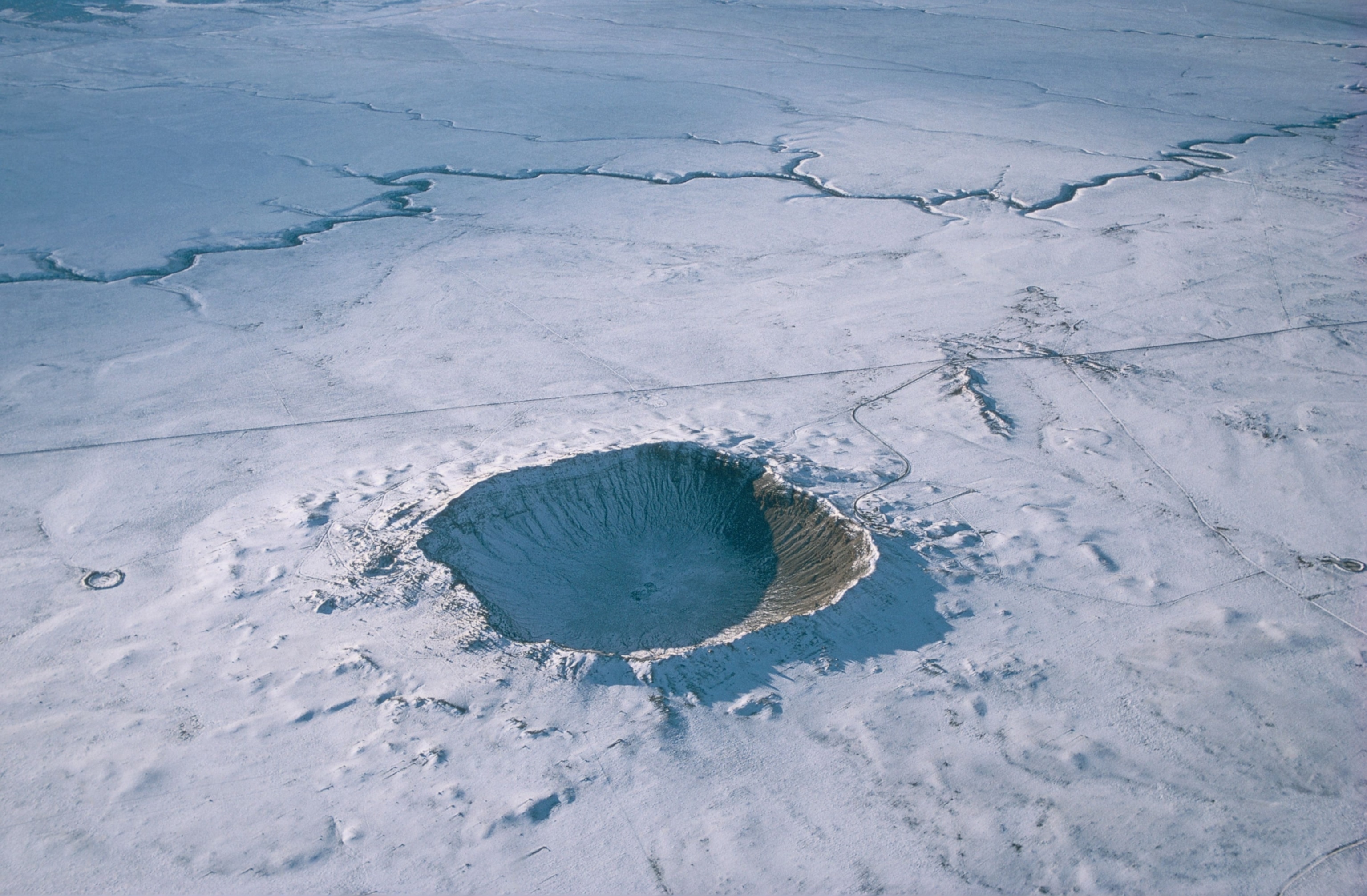 Aerial view of Meteor Crater in the Arizona desert.