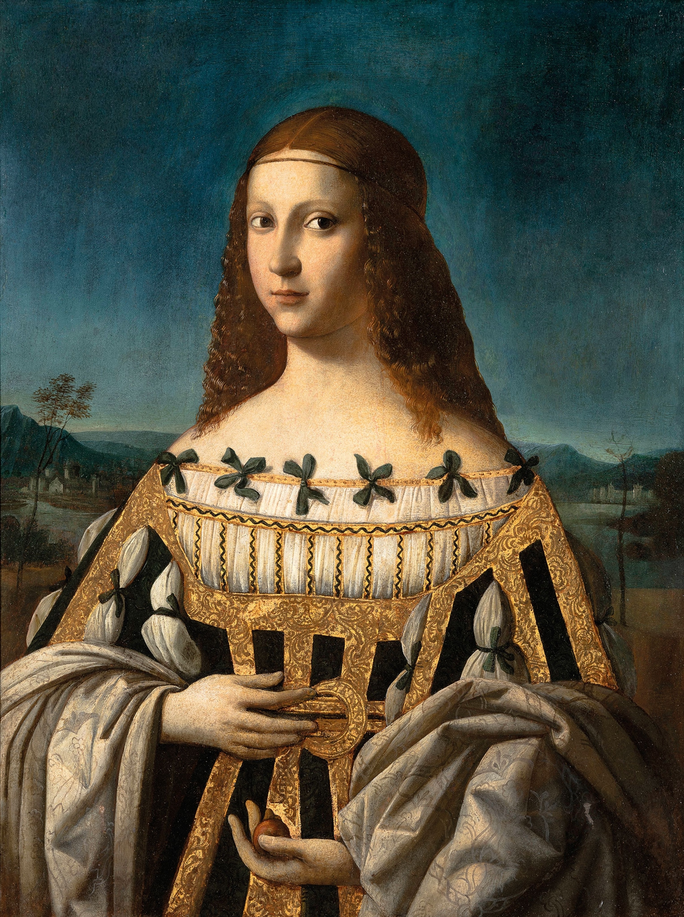 A painted portrait of a woman with reddish-brown hair, wearing a green, gold, and white dress with long sleeves