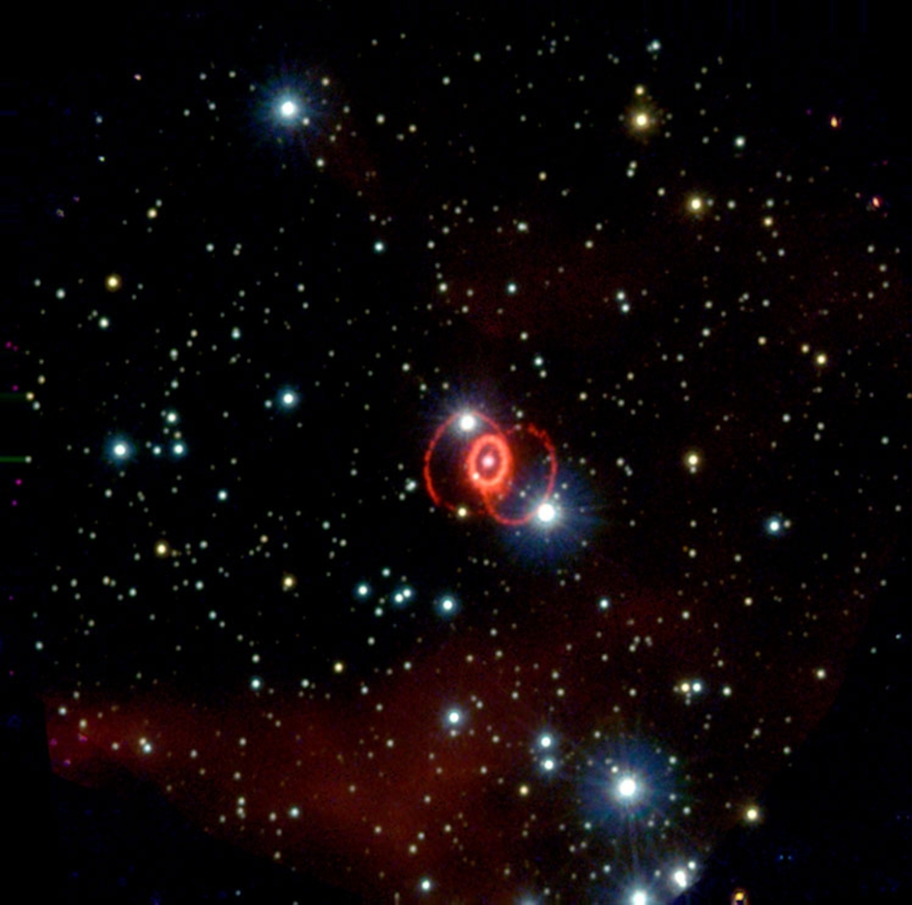red figure-eight in black space with stars.