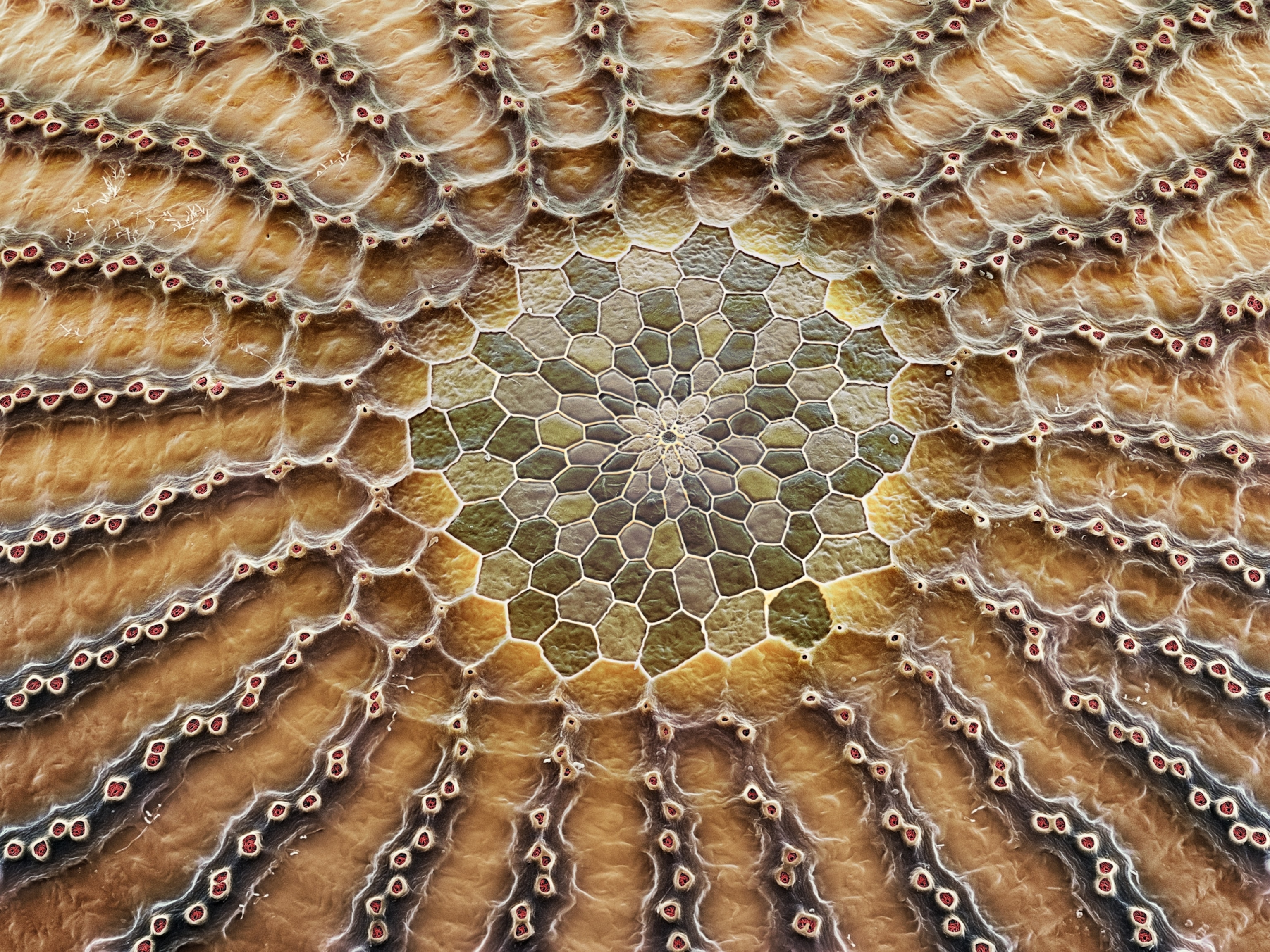 the mosaic pattern on an owl butterfly egg