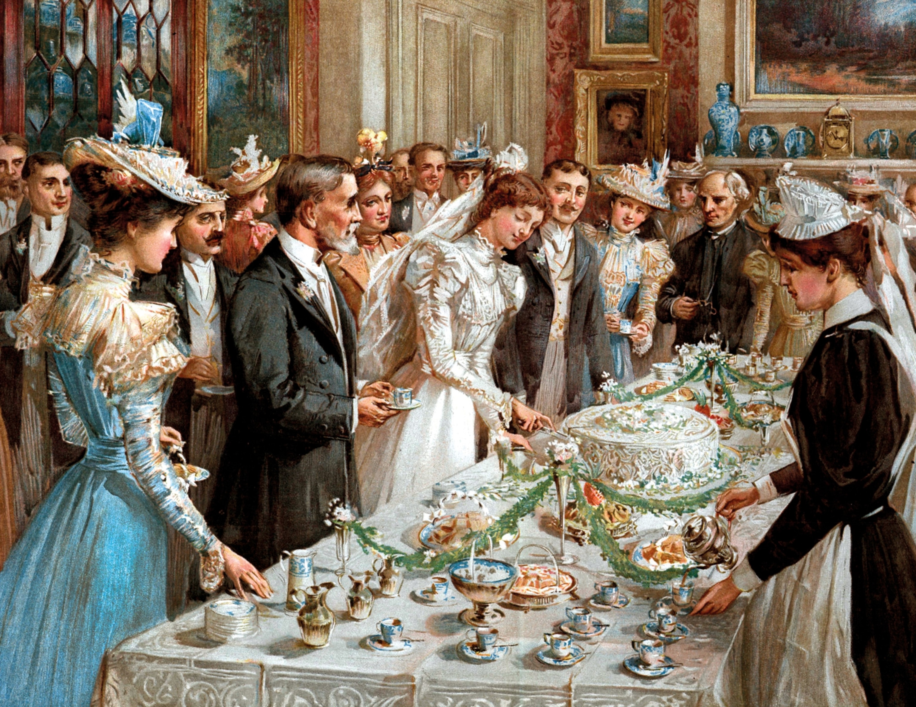 A drawing of a bride cutting a wedding cake