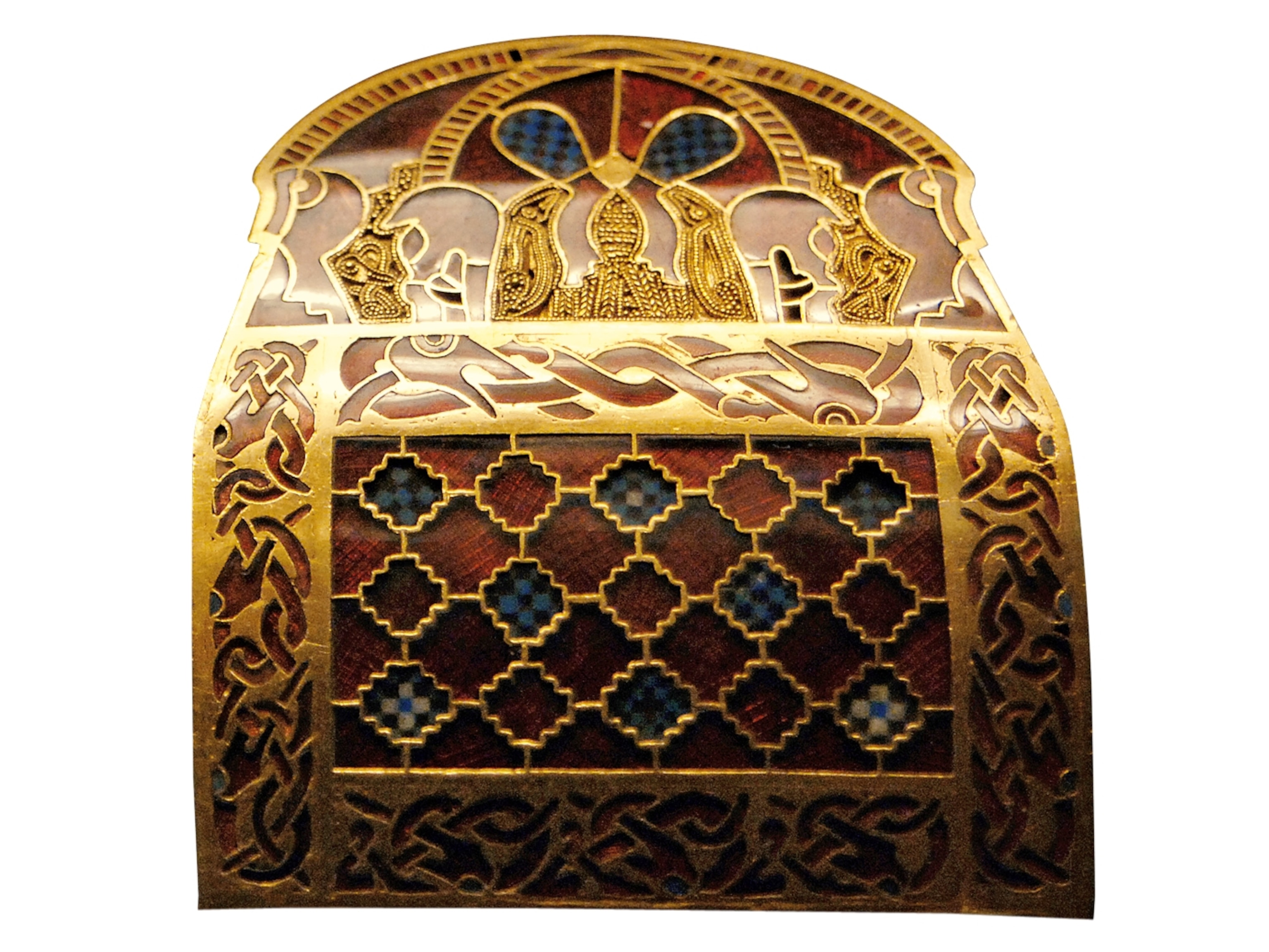 a shoulder clasp made of gold, garnet, and glass cloisonné.
