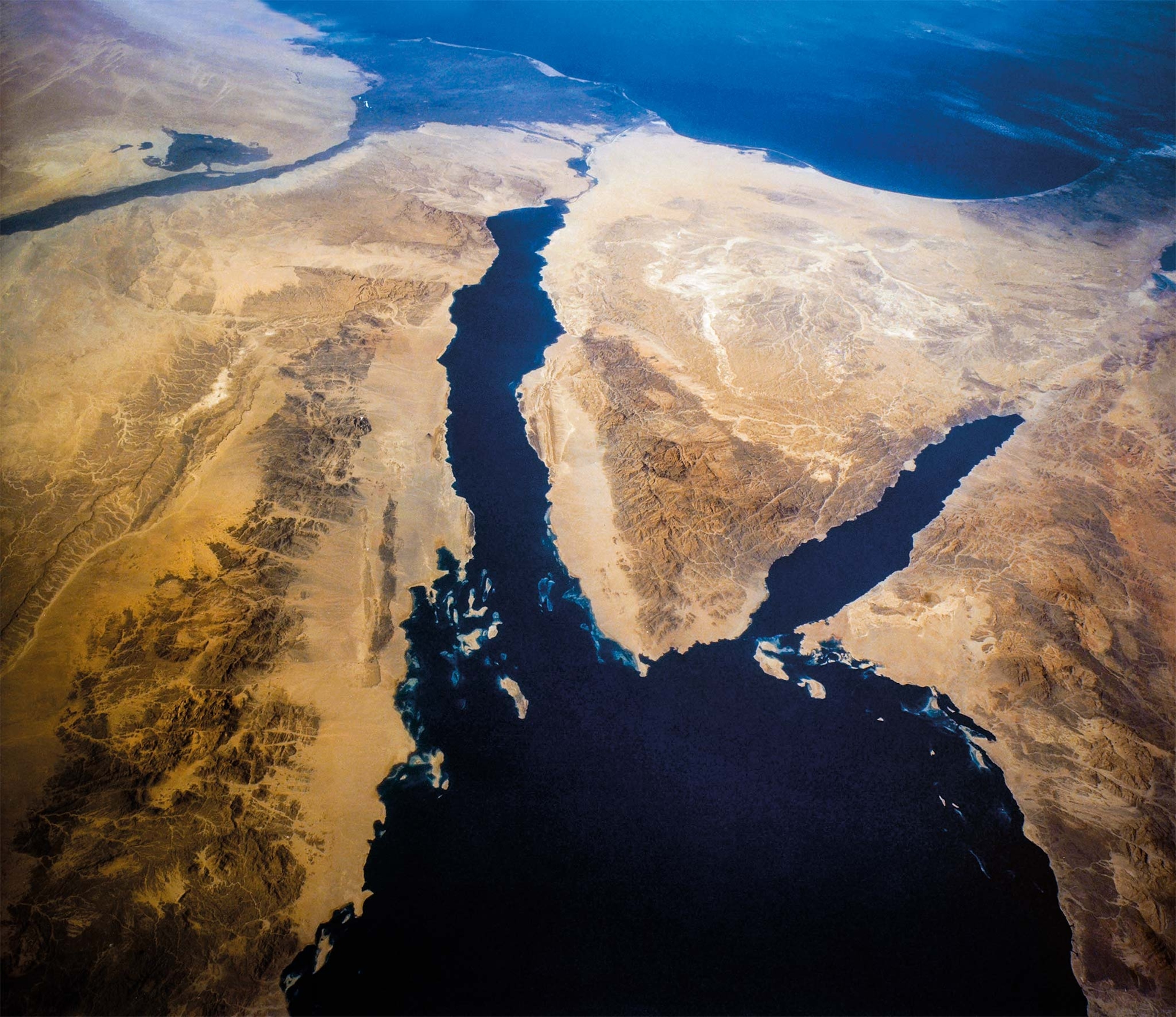 A satellite photo centers on the Red Sea, which Egyptian traders had to cross to obtain copper from Sinai.