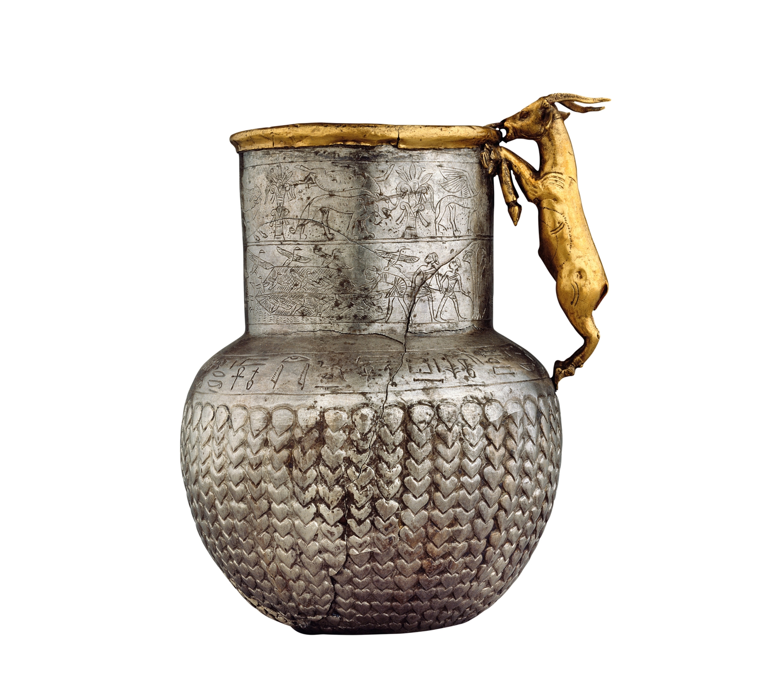 a golden, goat-shaped handle adorns a silver cup found at Tell Basta in 1906
