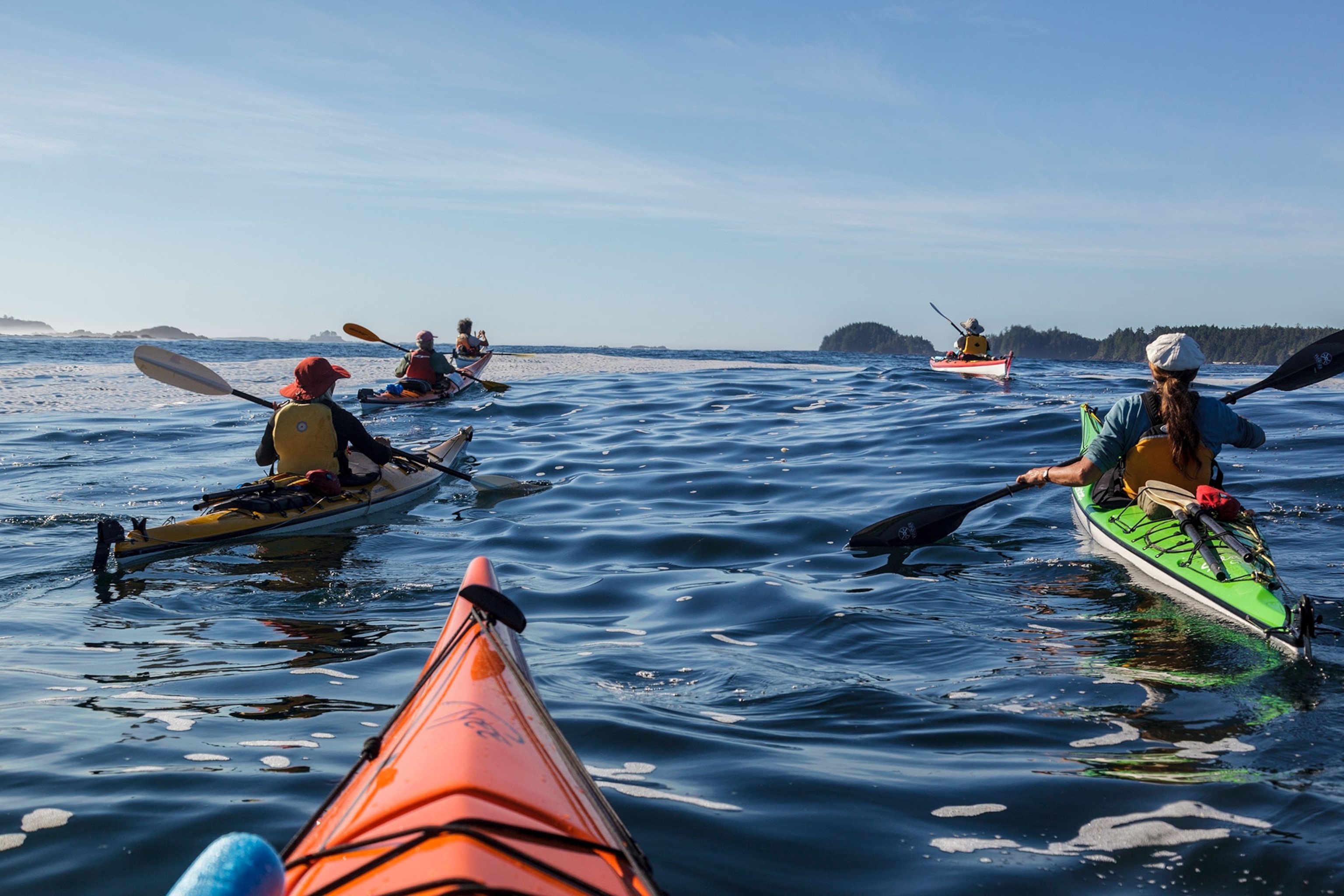A group of people row in colorful kayaks on a blue body of water with a line of green trees in the background.