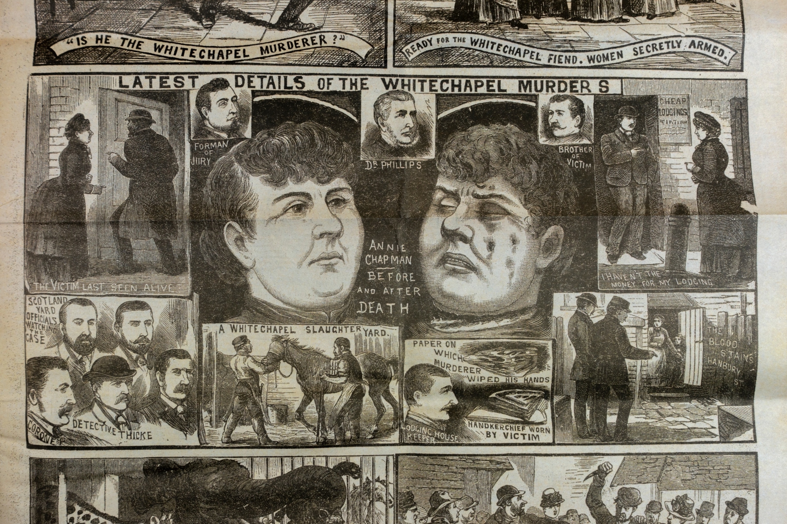 Illustration of Annie Chapman as her face appeared before and after her murder.