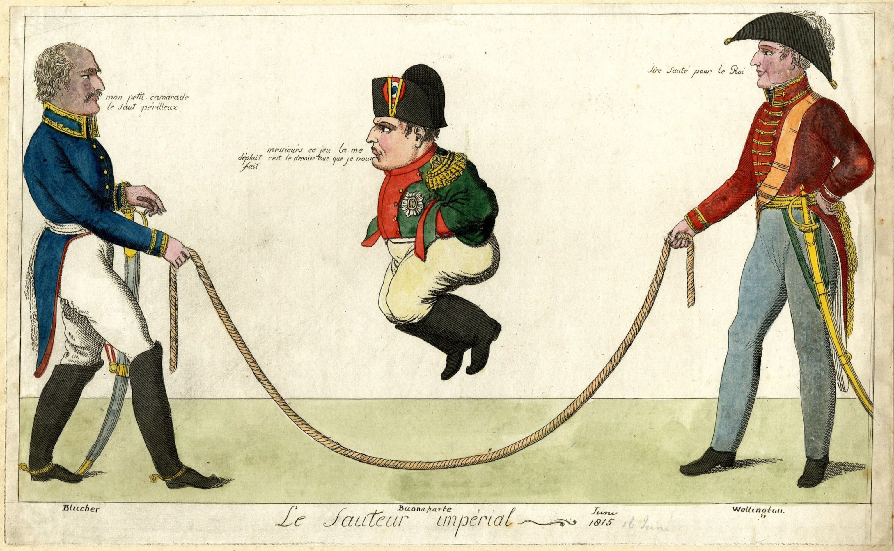 Napoleon jumps rope as two generals turn.