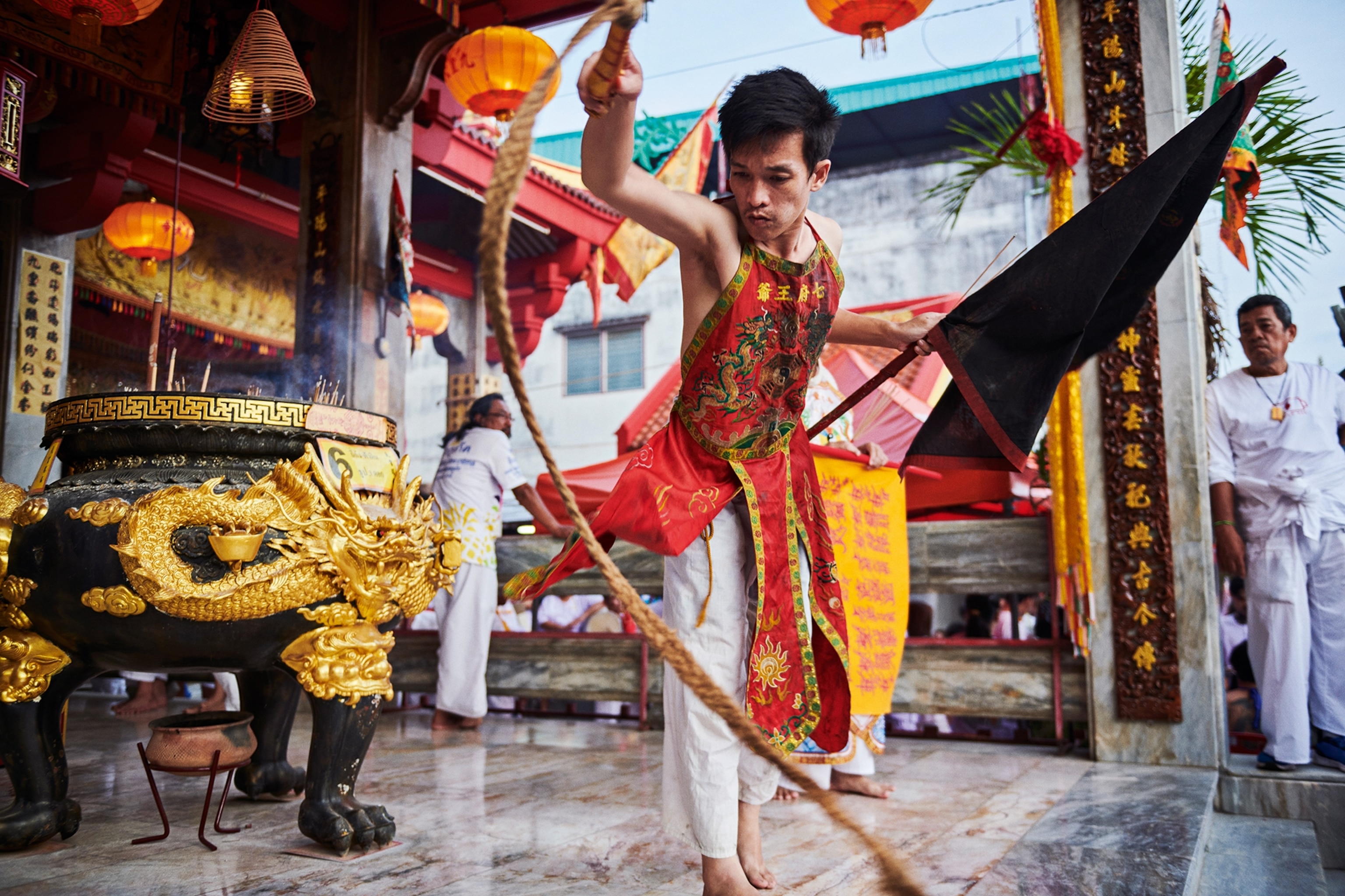 The morning ritual of the Phuket Vegetarian Festival at Jui Tui Shrine before the procession