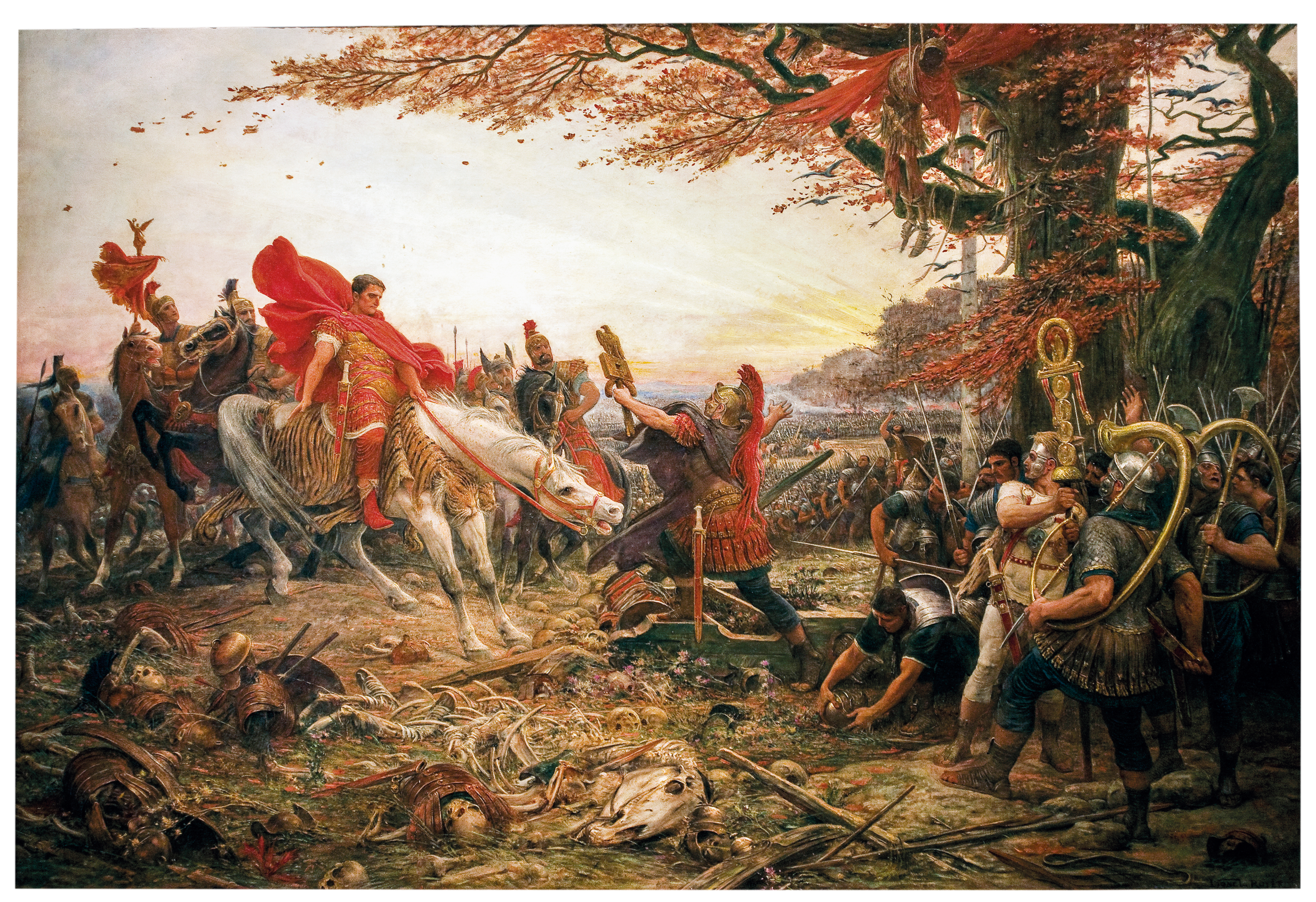 A painting of Germanicus and his soldiers confronting the enemy soldiers face-to-face to ask for the bodies of fallen men to give them a dignified burial.