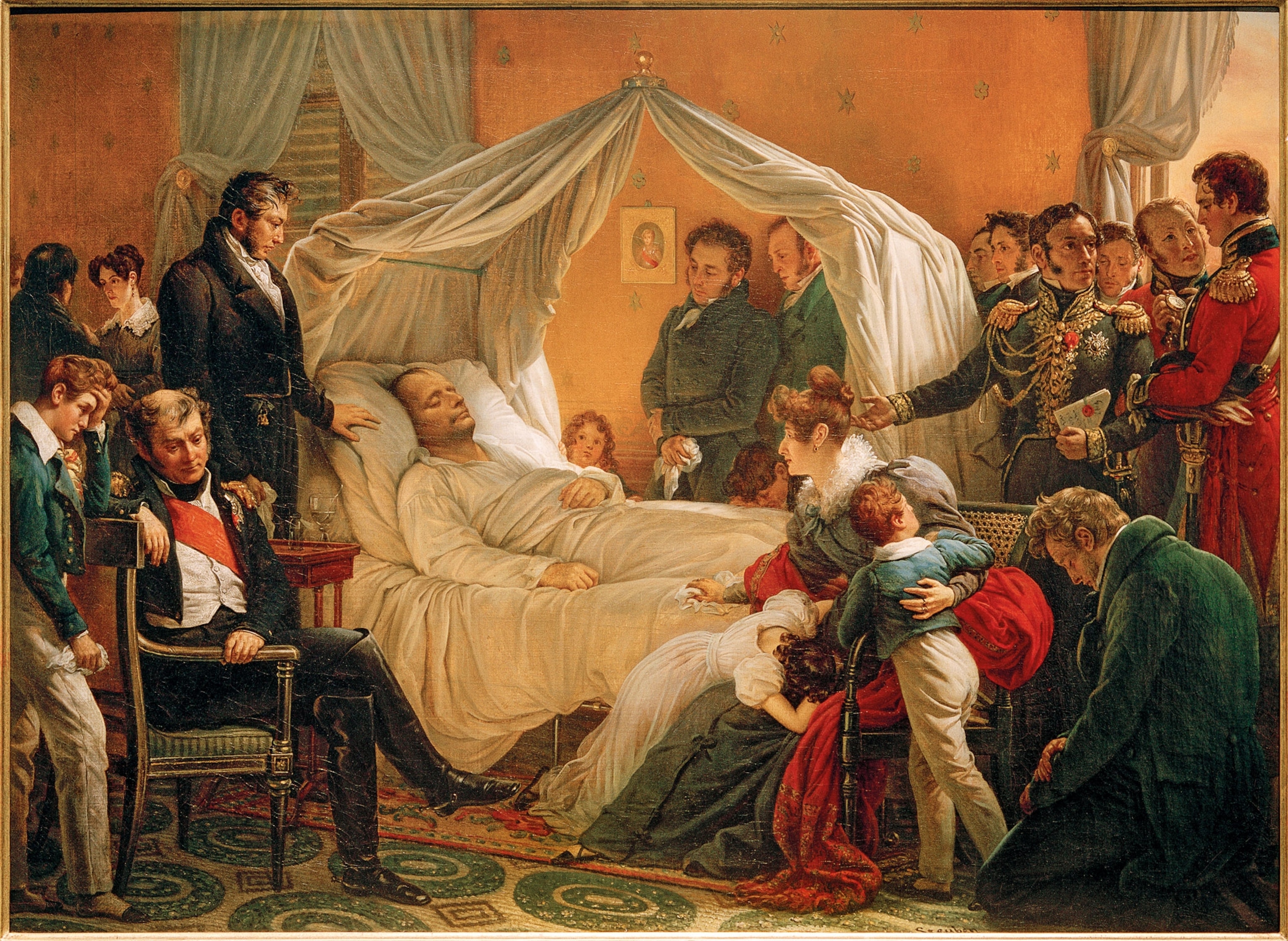 A painting of a man in bed surrounded by mourners