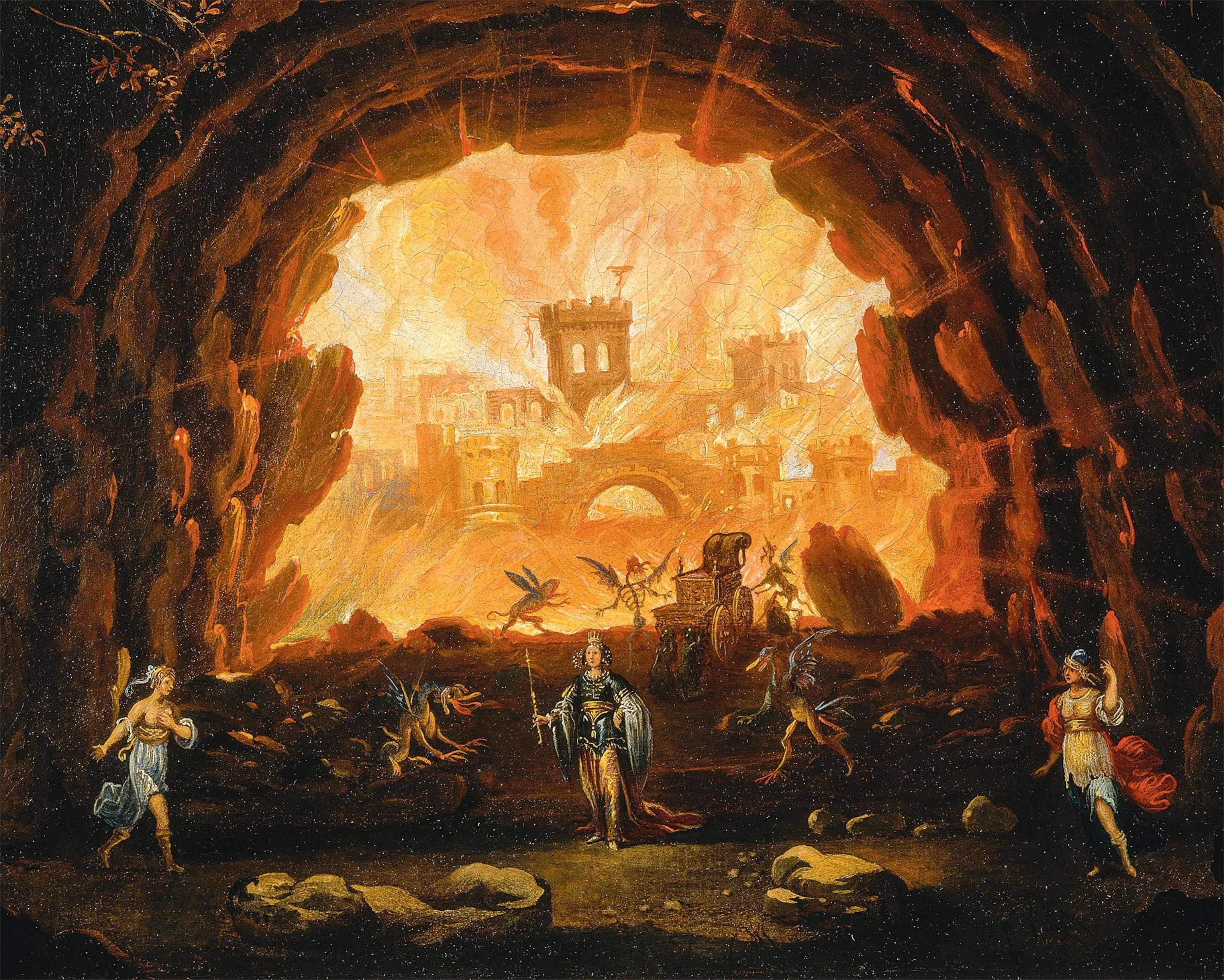 A painted depiction of an opera set design with machinery, a castle, dragon-like creatures, and people