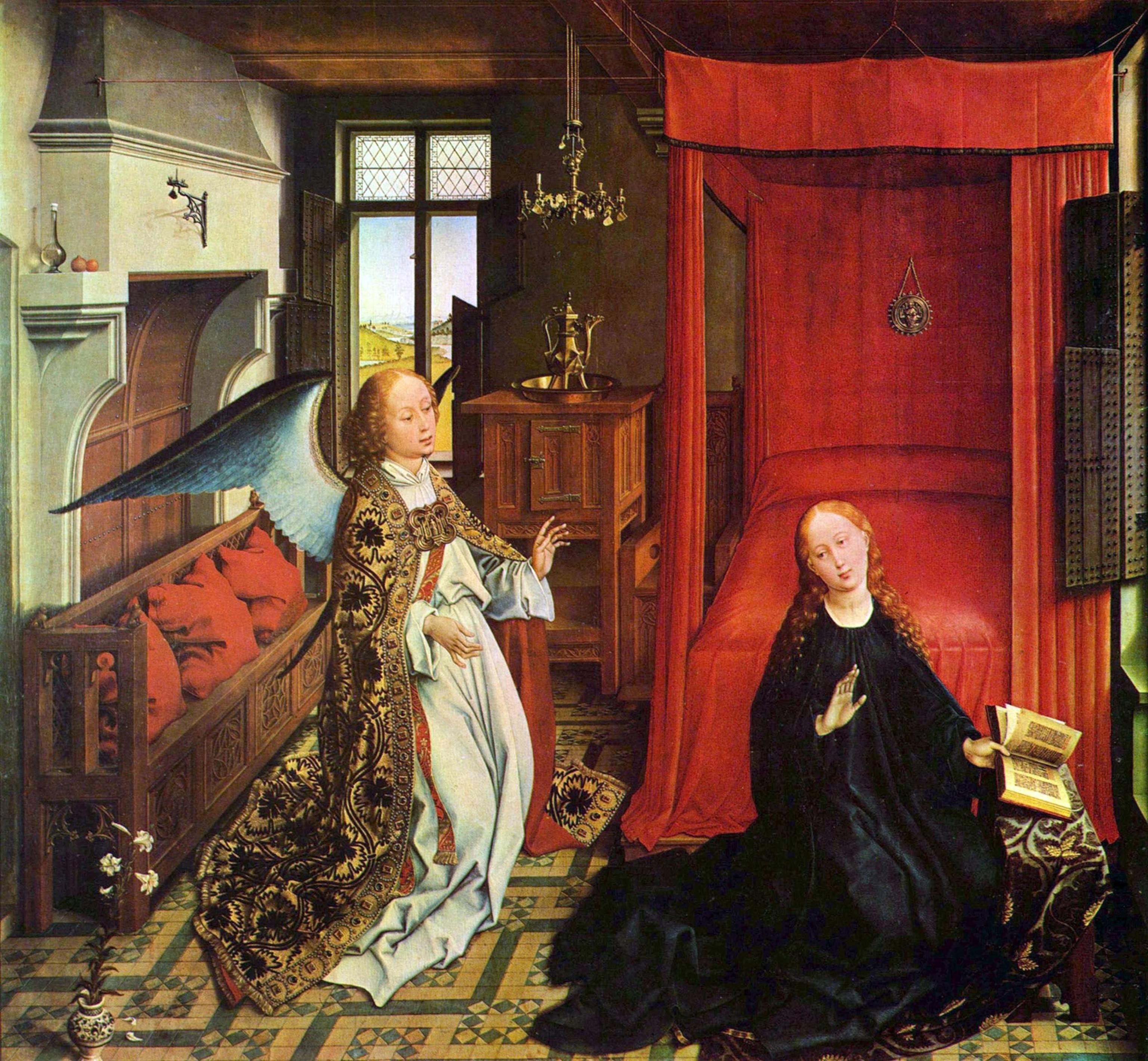 A painting of Mary and Gabriel in a Flemish house