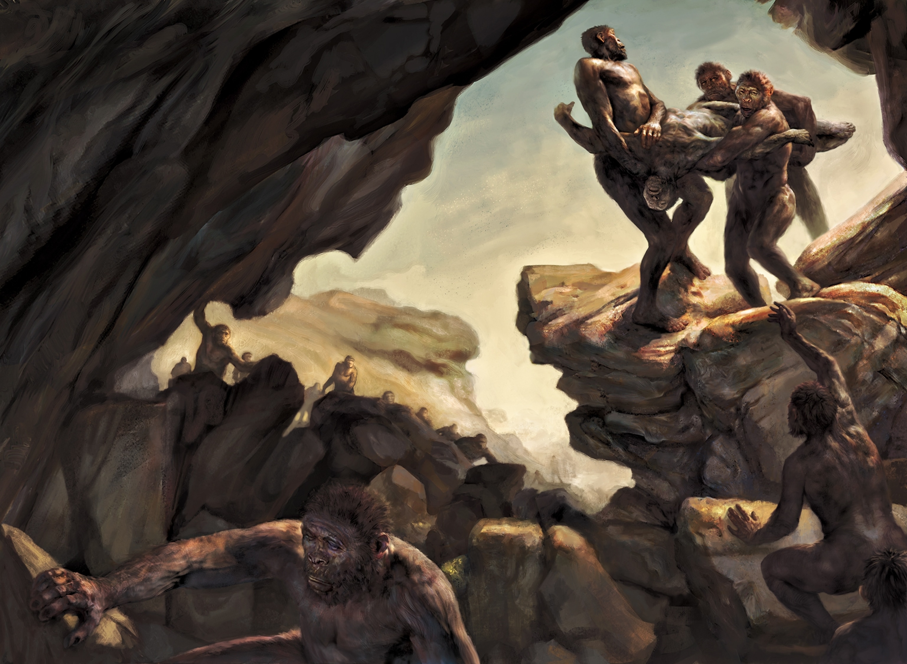 Artwork of an Homo naledi group burying a member of their group in Rising Star cave.