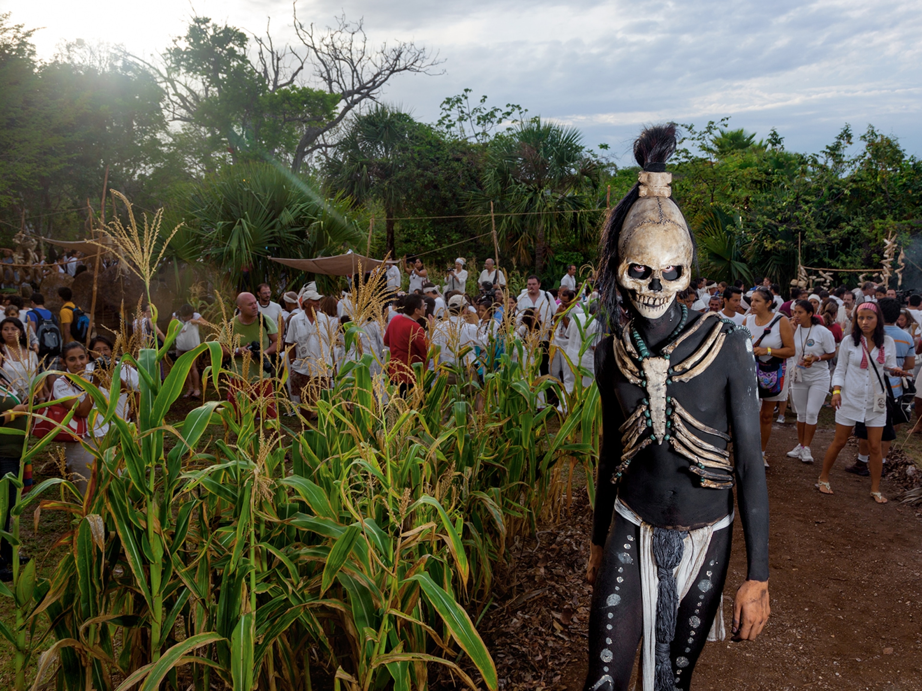 someone dressed as a mythic Maya lord of death at the Xcaret theme park