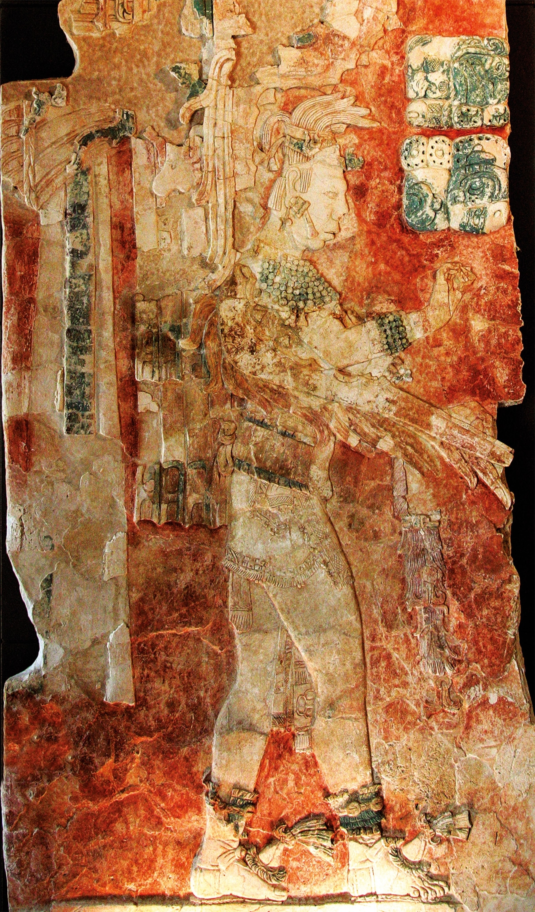 A vivid stucco relief from Temple XIX at Palenque depicts K’inich Janaab’ Pakal II (also known as Upakal K’inich), who ruled the city in the late eighth century.