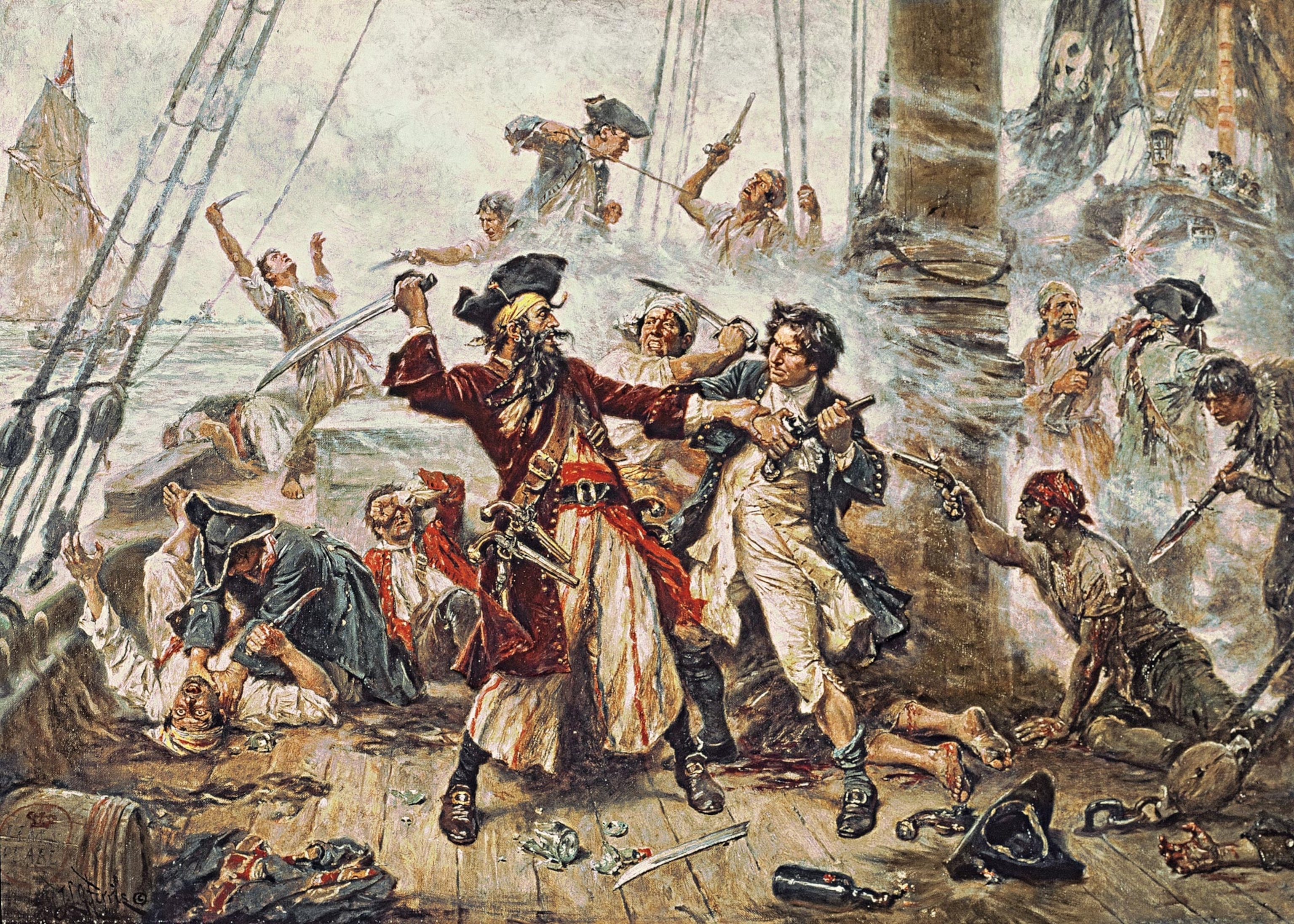 Painting of pirate with beard and sword fighting others on ship
