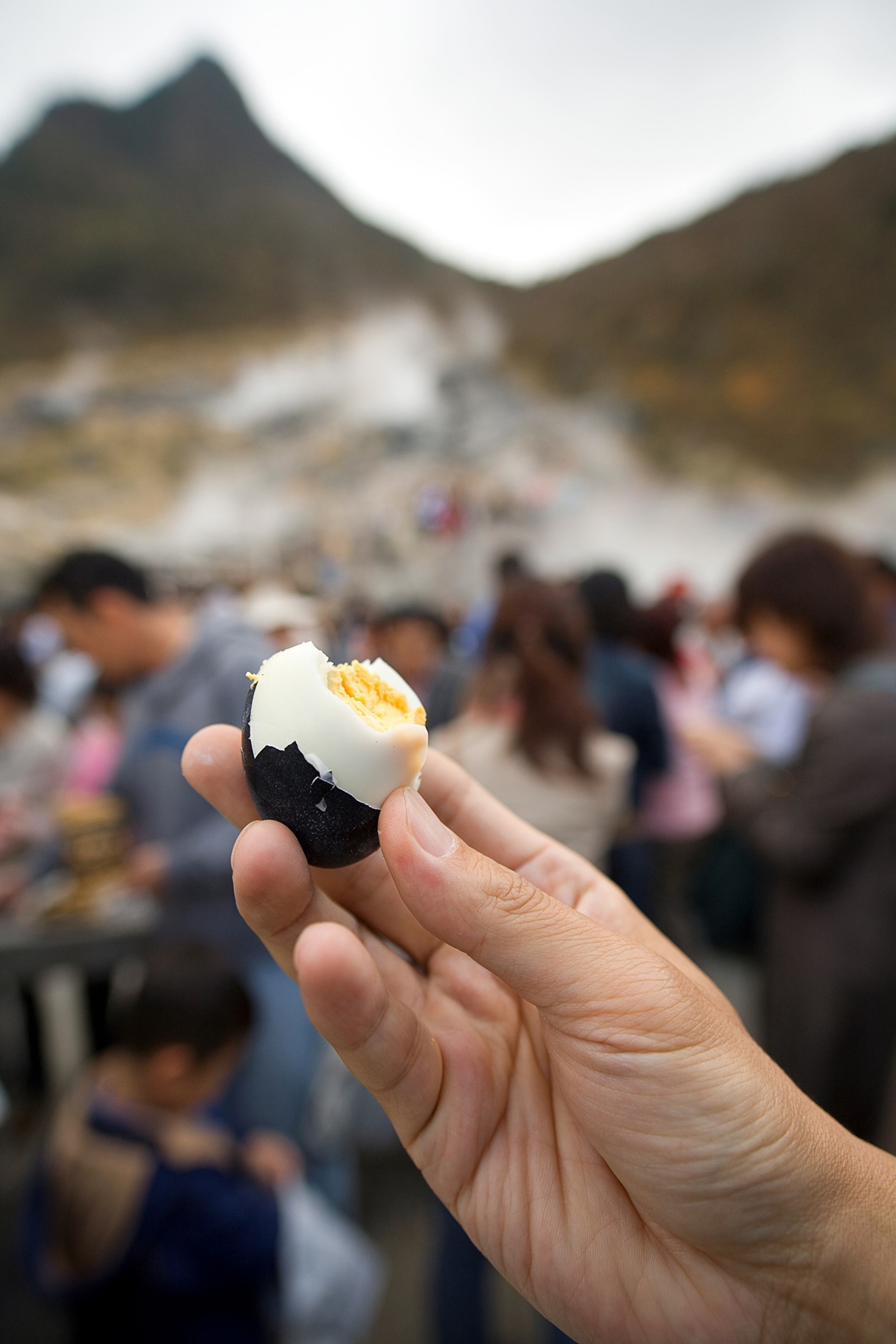 An egg with a black exterior and hard whites and yolk.