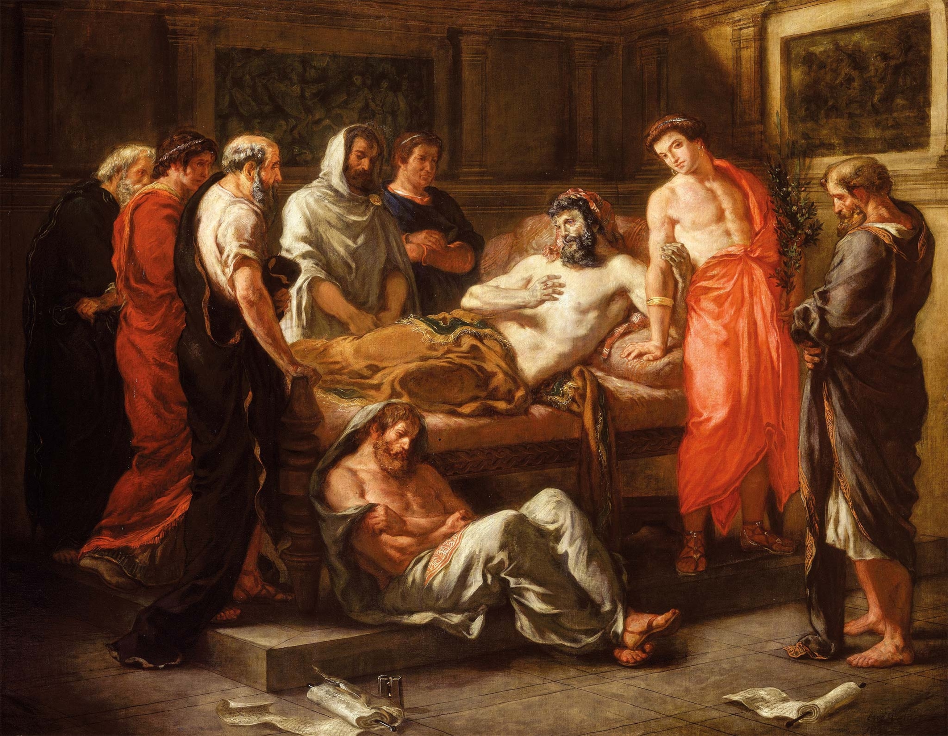On his deathbed, an ailing Marcus Aurelius takes the arm of his son and successor Commodus in this 1844 oil painting entitled “The Last Words of Marcus Aurelius,” by Eugène Delacroix.