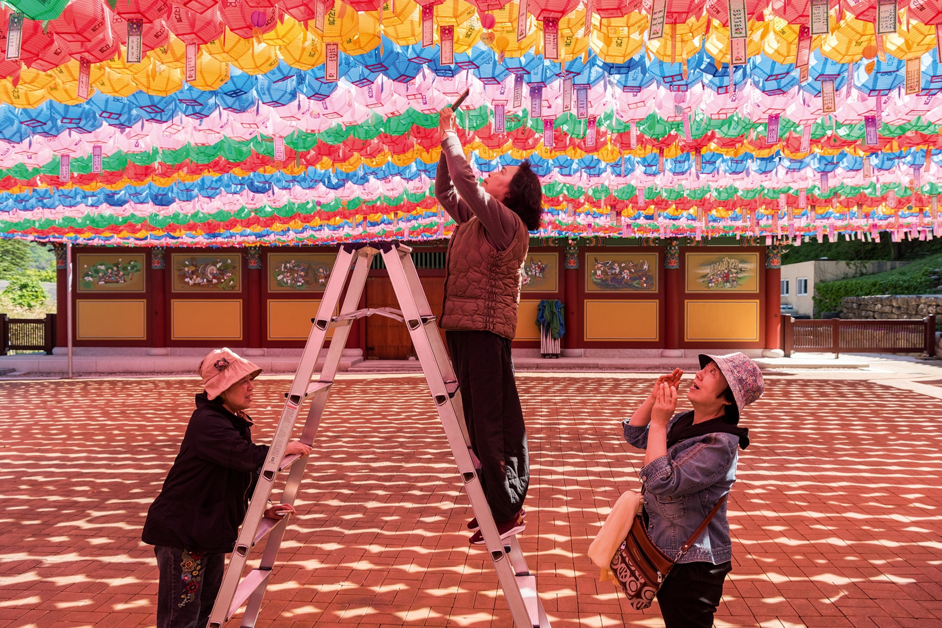 Woman stands on a ladder reaching up to hanging lanterns above her