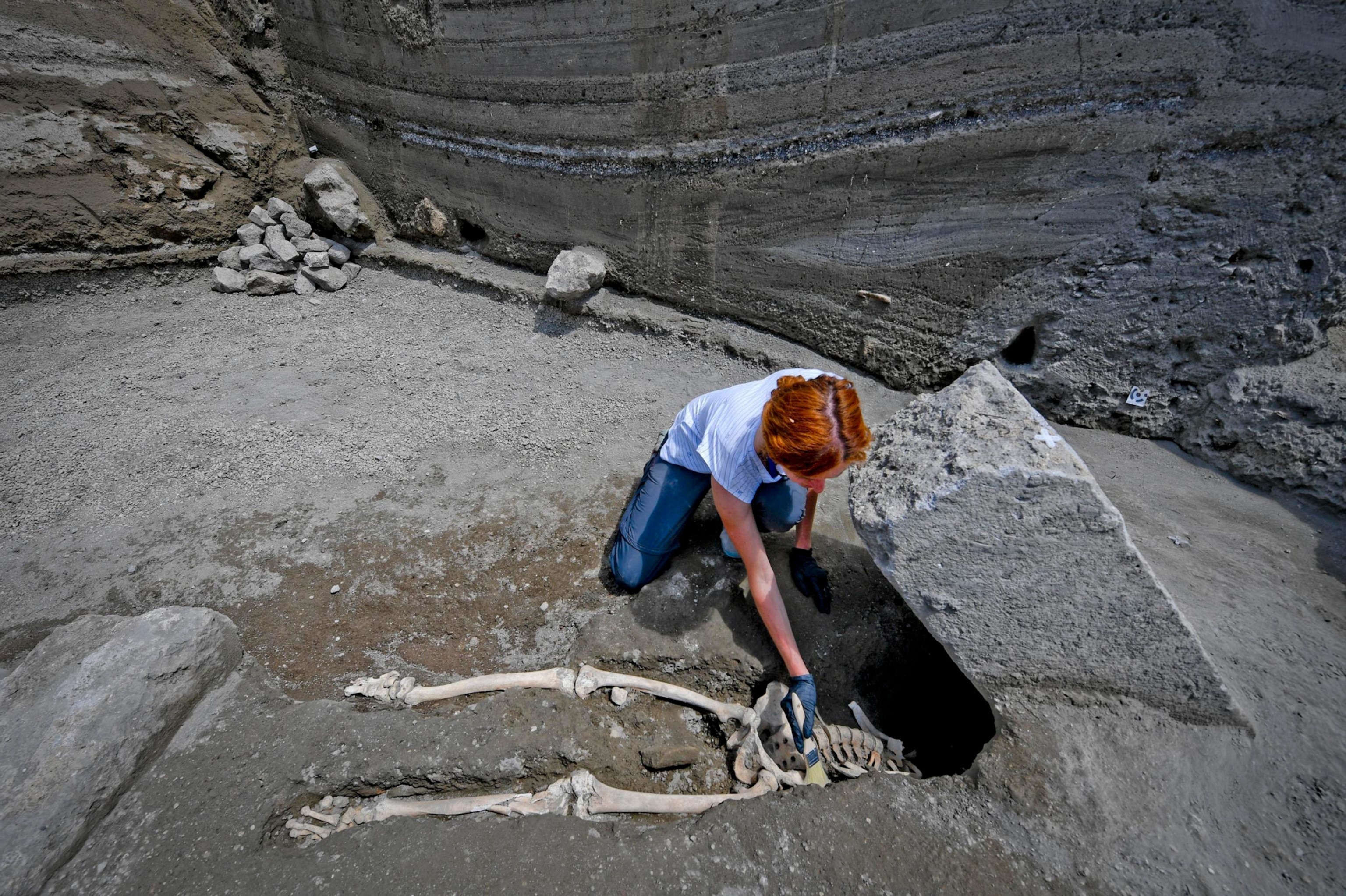 a skeleton of a victim of the eruption that destroyed Pompeii,