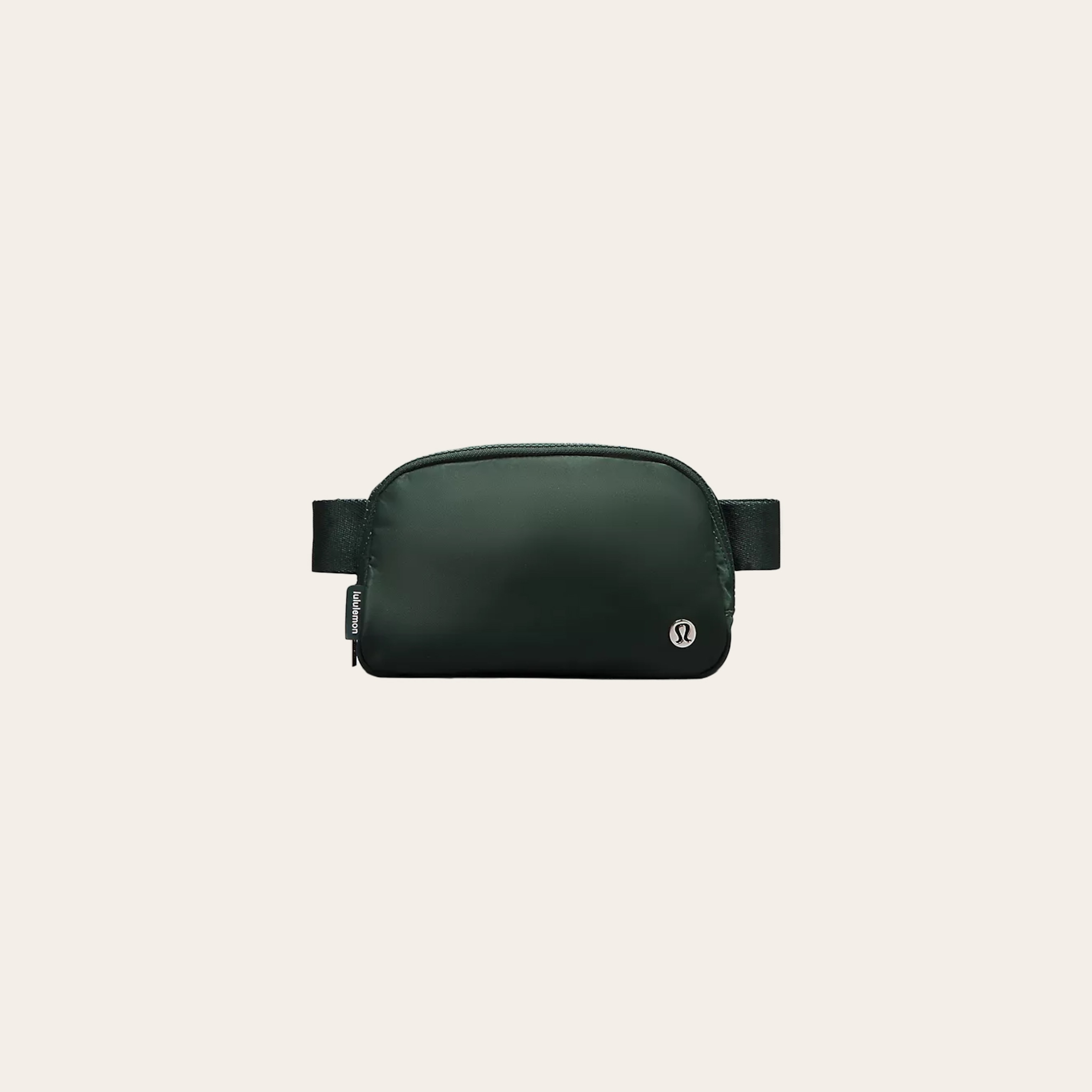 A dark green soft fabric bag with smooth texture and a black strap.