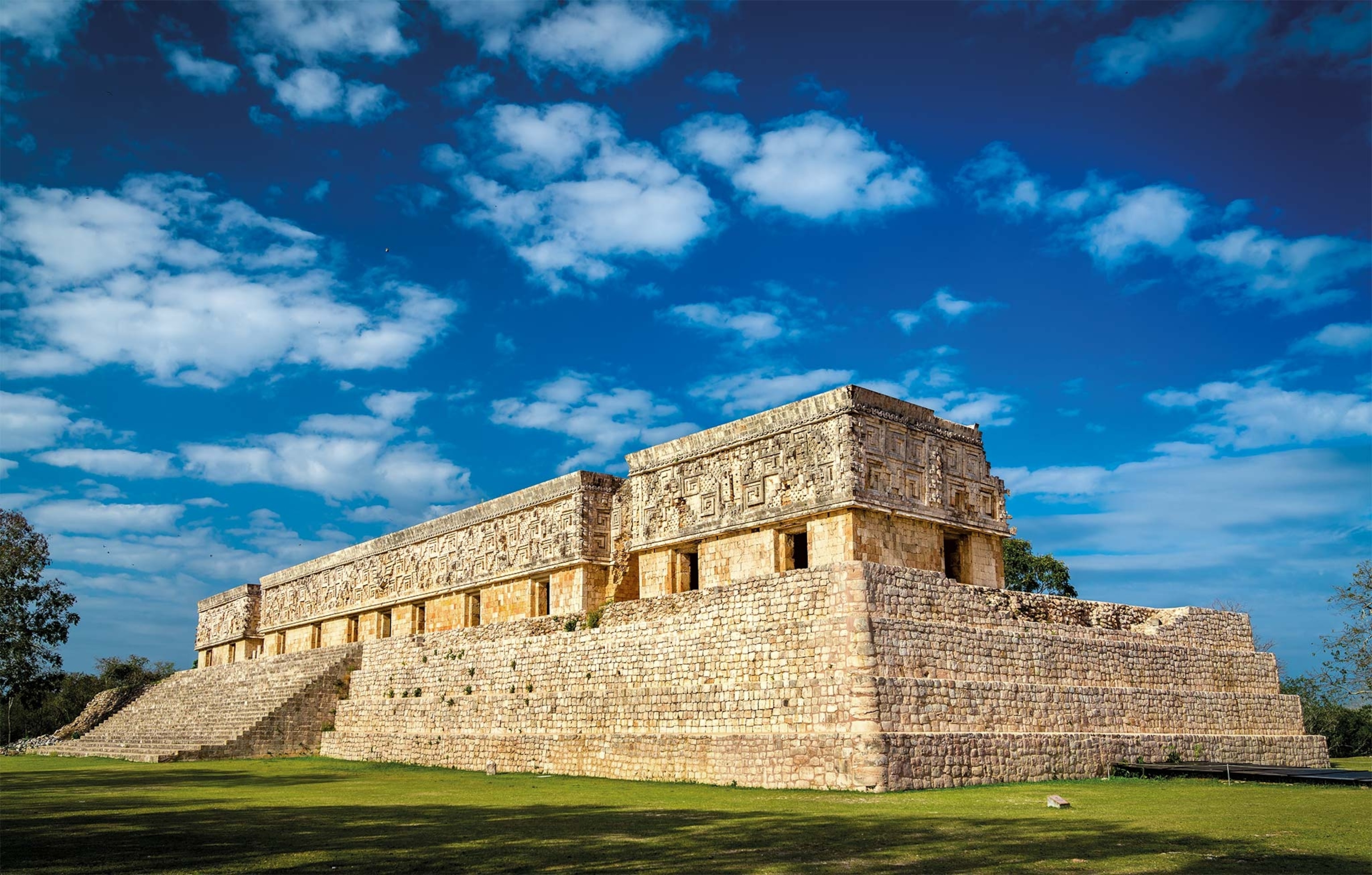 The ancient ruins in Uxmal, which thrived between the sixth and tenth centuries, are among the finest examples of Maya architecture. The Governor’s Palace was erected during the tenth century. It stands on a huge rectangular platform more than 200 yards long, which is accessed by a 26-step staircase.