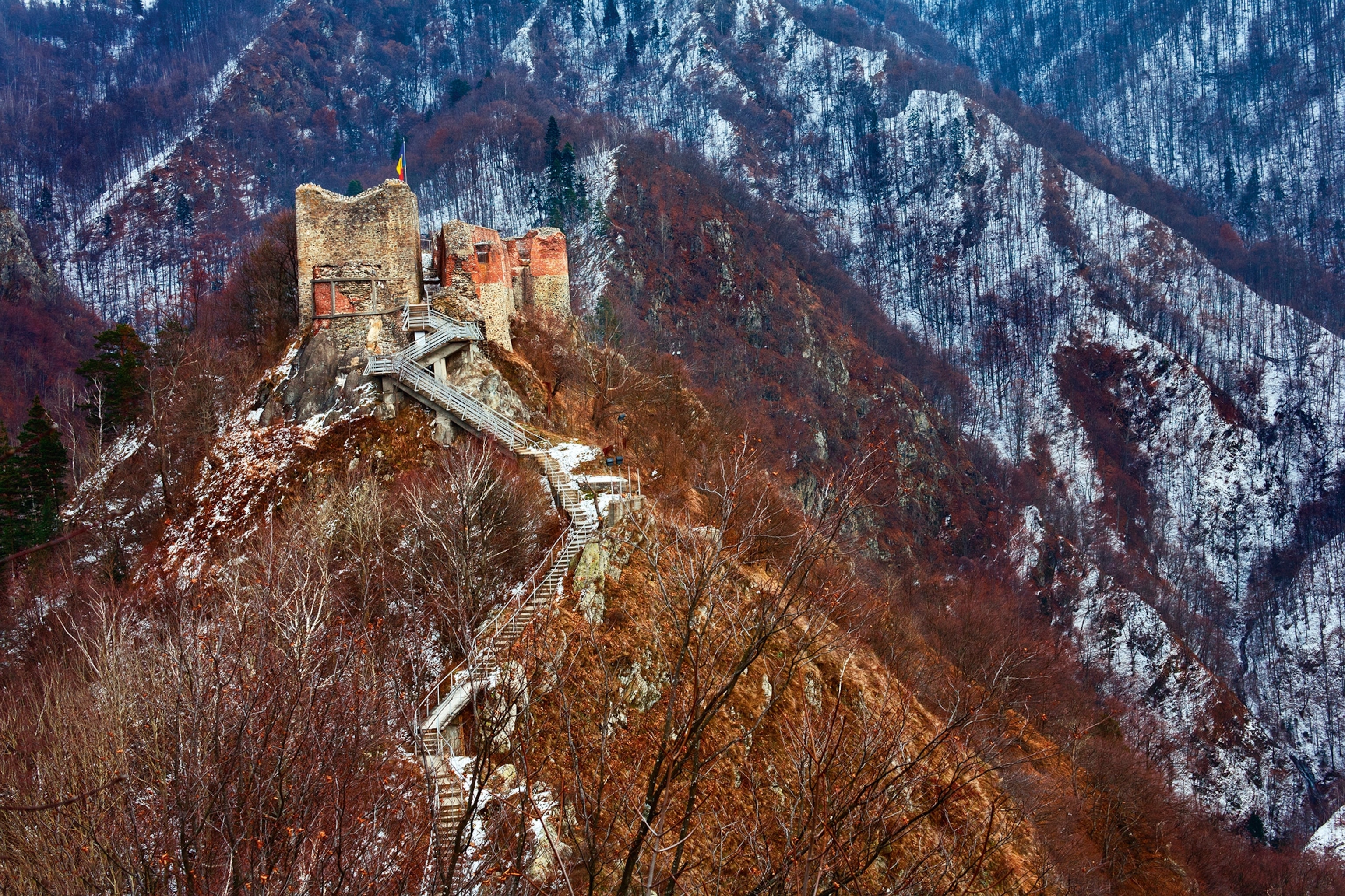 Perched in the Fagaras range of the southern Carpathian Mountains in Romania, Poenari Castle, pictured here, was one of Vlad III’s main residences.
