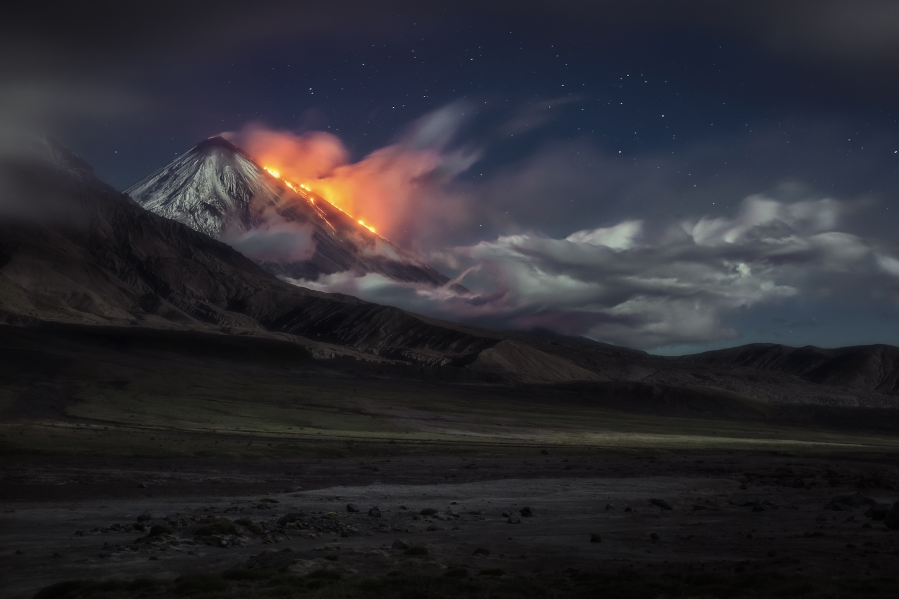 volcano erupting in Kamchatka, Russia