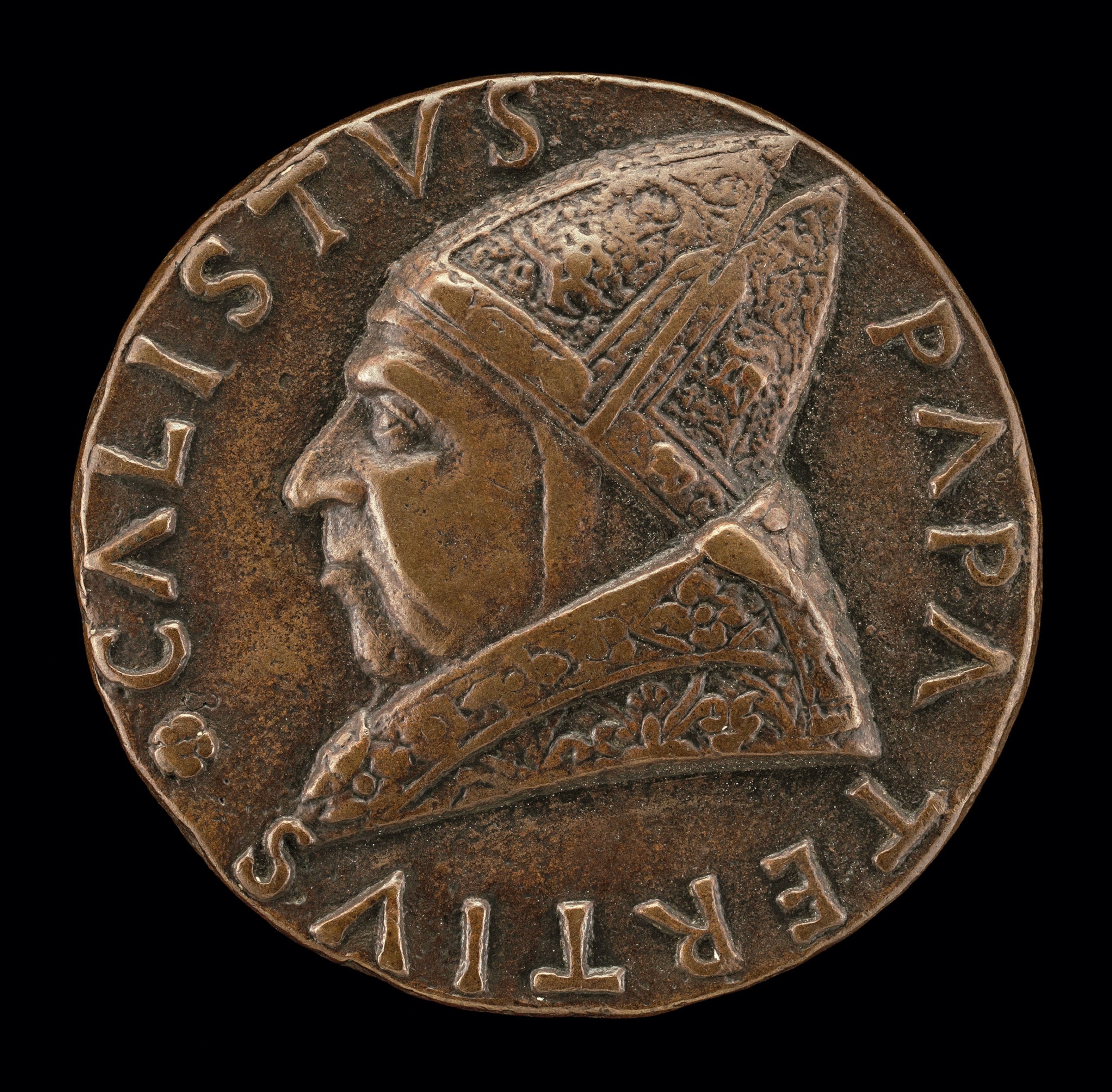 Pope Calixtus III (Alfonso Borgia) with Latin letters on a bronze medal