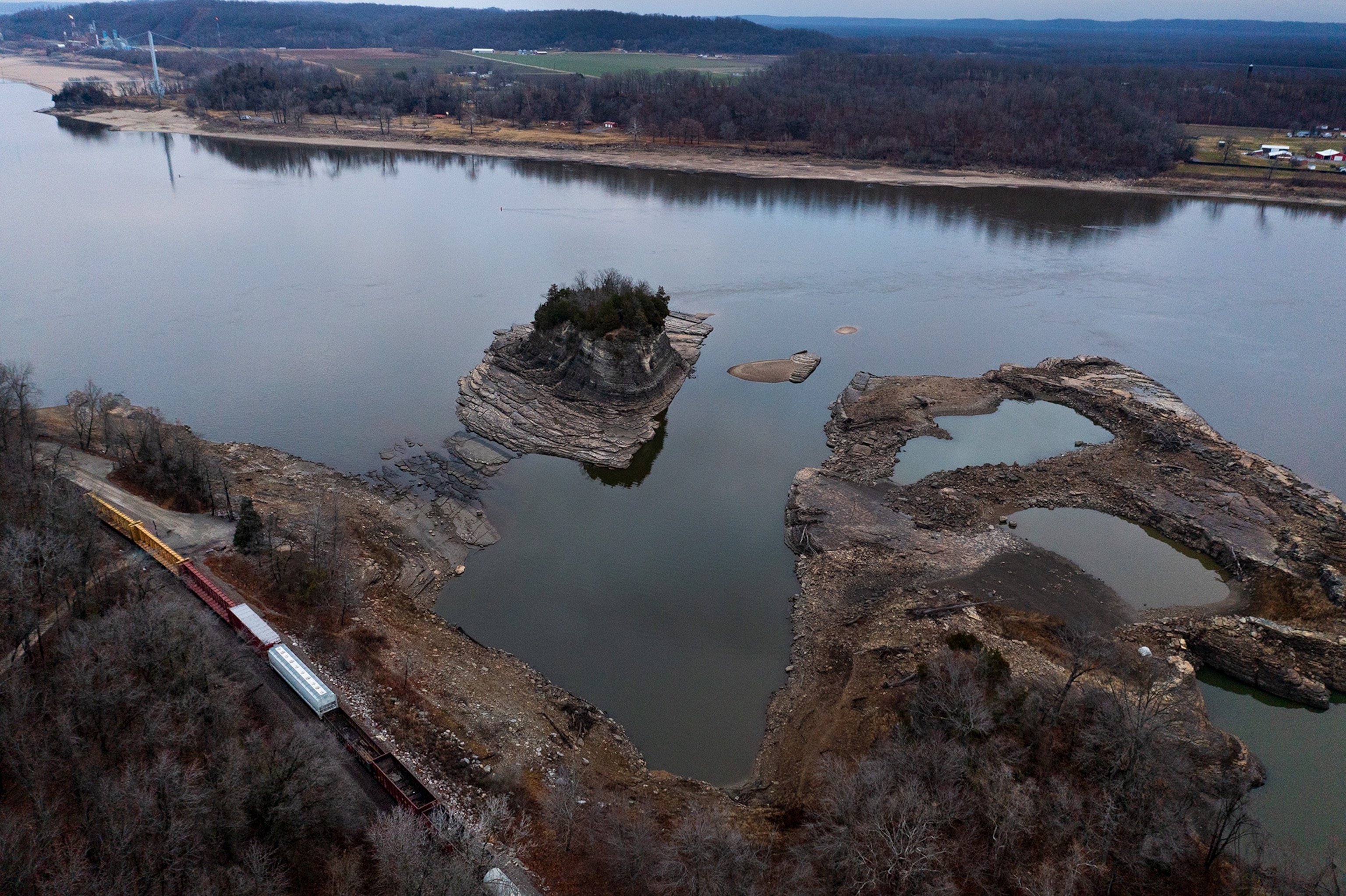 Drone images of Tower Rock on the Mississippi near Grand Tower, Illinois.